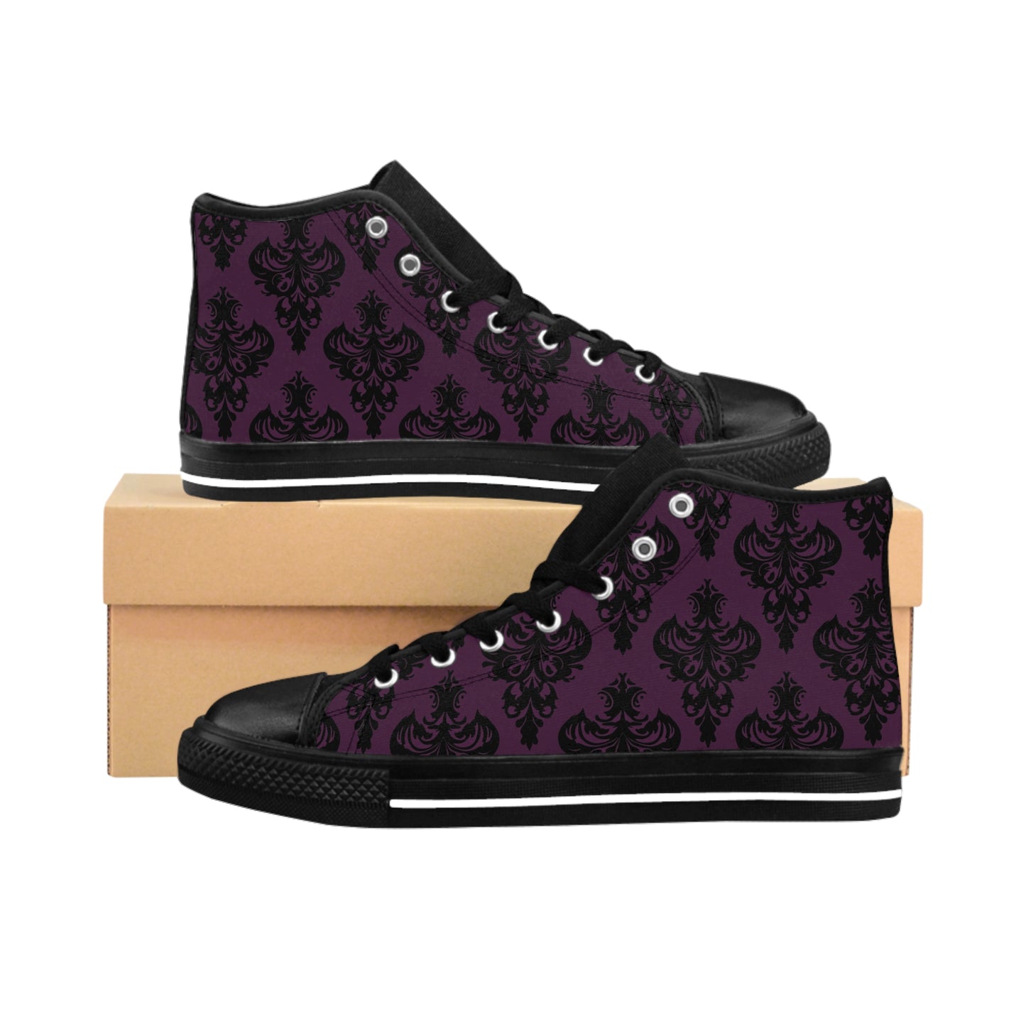 Purple and Black Victorian Damask Pattern Women's Classic Sneakers