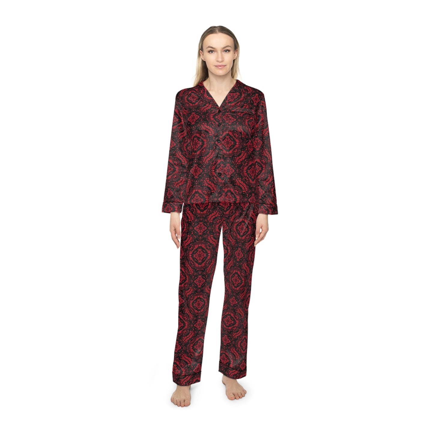 Intricate Red and Black Lace Pattern Women's Satin Pajamas (AOP)