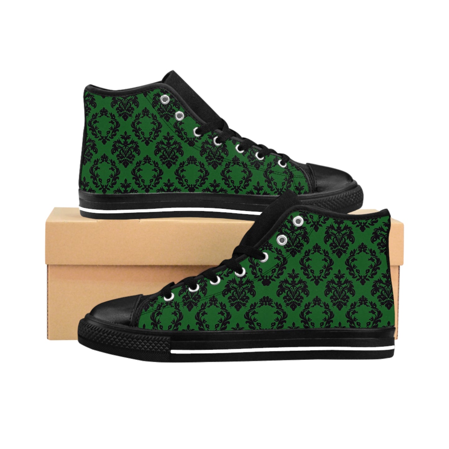 Green Victorian Damask Frame Pattern Women's Classic Sneakers