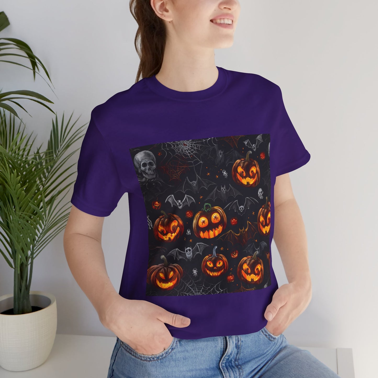 Spooky Pumpkin and Bats Pattern Unisex Jersey Short Sleeve Tee