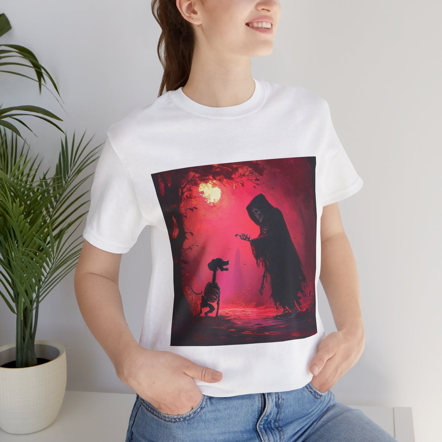 Grim Reaper Walking his DogUnisex Jersey Short Sleeve Tee