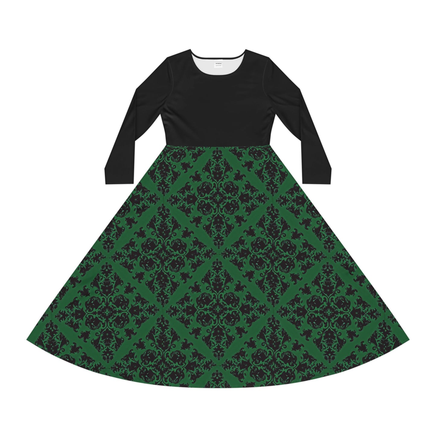 Green Victorian Gothic Pattern Women's Long Sleeve Dance Dress (AOP)