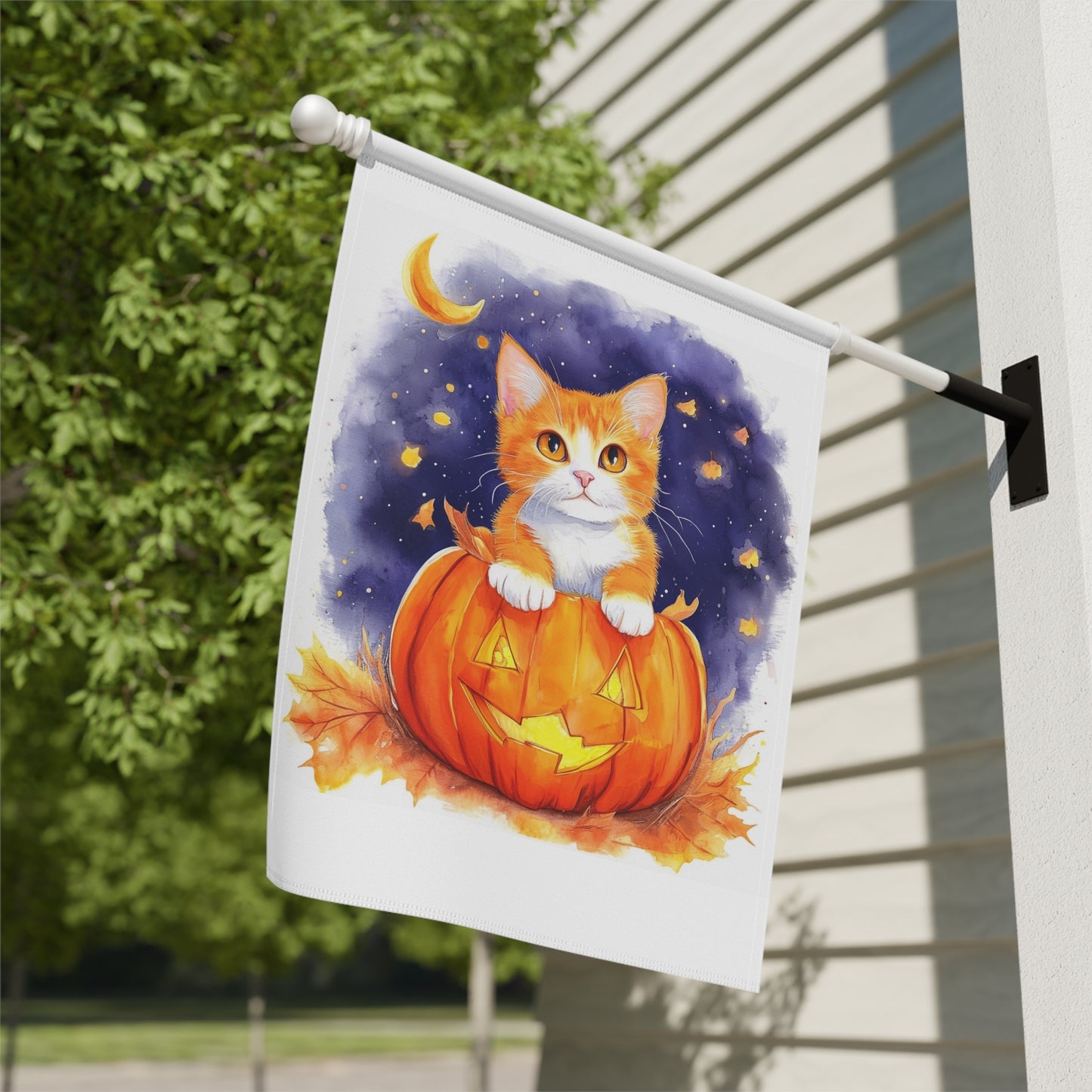 Fuzzy Halloween Pumpkin Cat Garden & House Banner