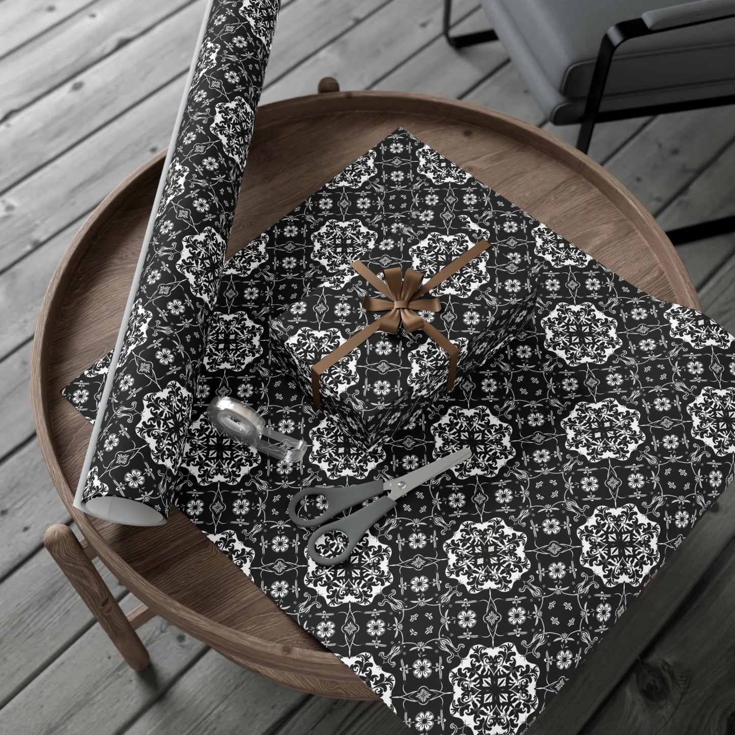 Black and Gray Flower Pattern Gift Wrap Papers