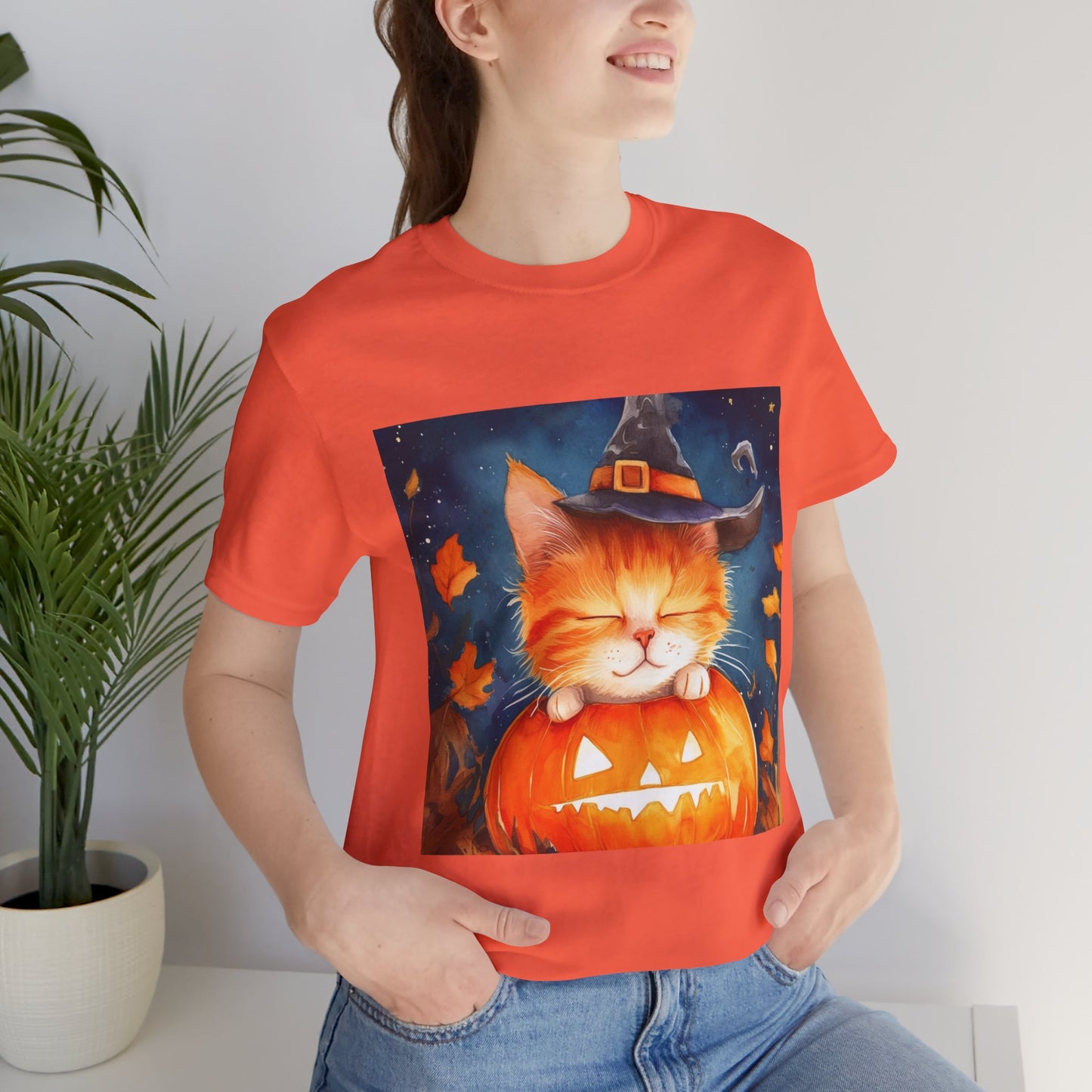 Cute Orange Cat on a pumpkin Unisex Jersey Short Sleeve Tee