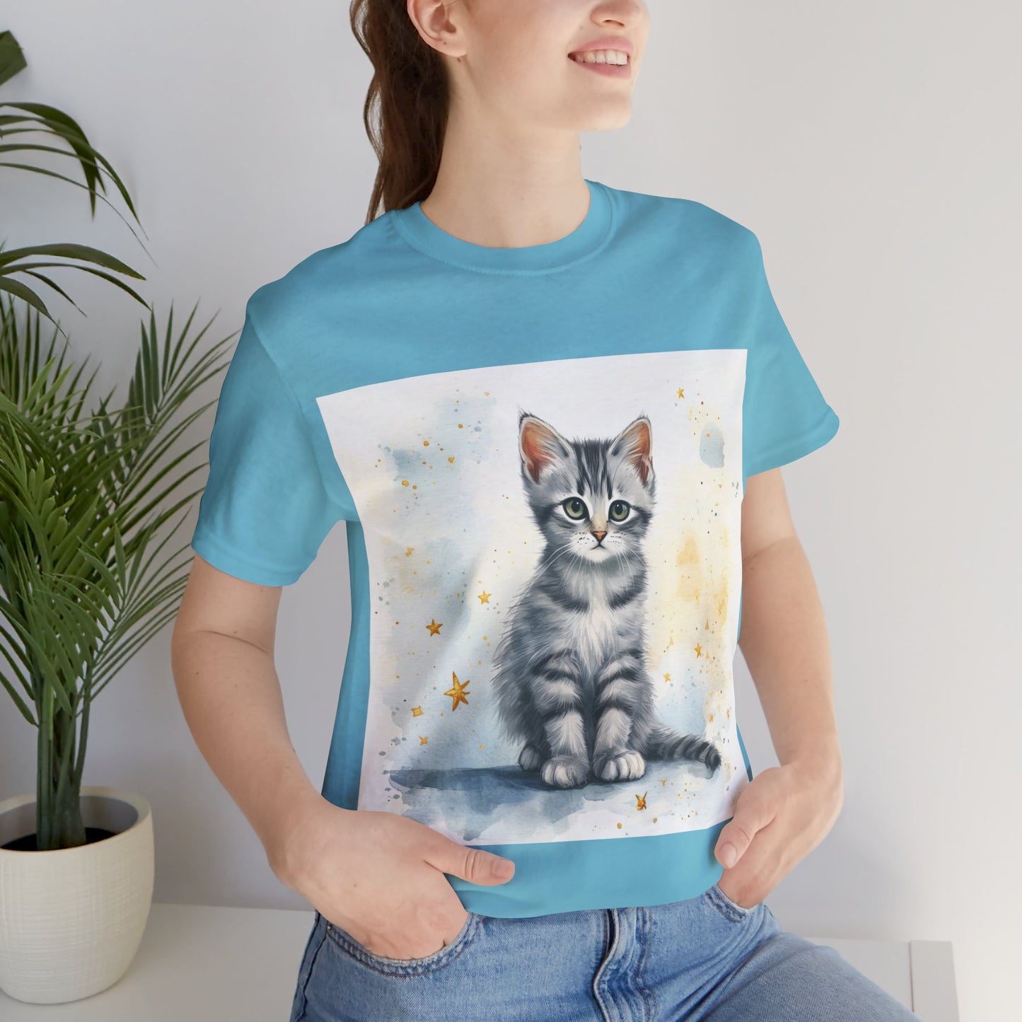 Watercolor Gray Striped Kitten Unisex Jersey Short Sleeve Tee