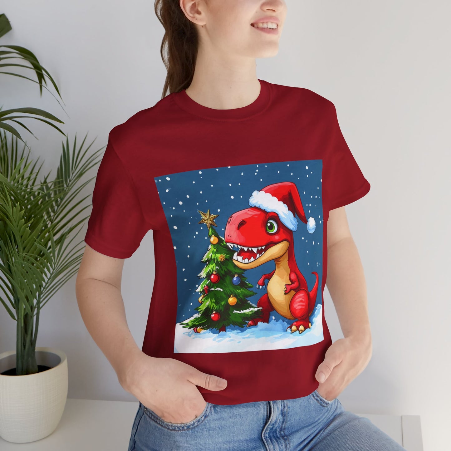 Red T-Rex Christmas Unisex Jersey Short Sleeve Tee