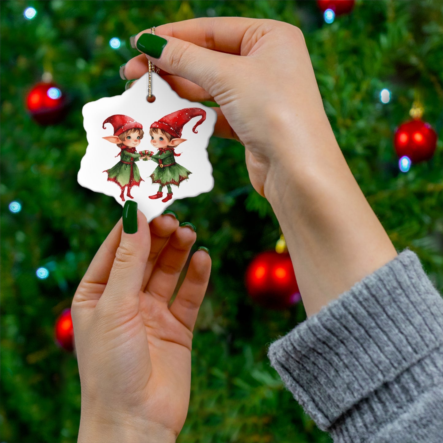 Cute Holiday Elves Ceramic Ornament, 2 Shapes