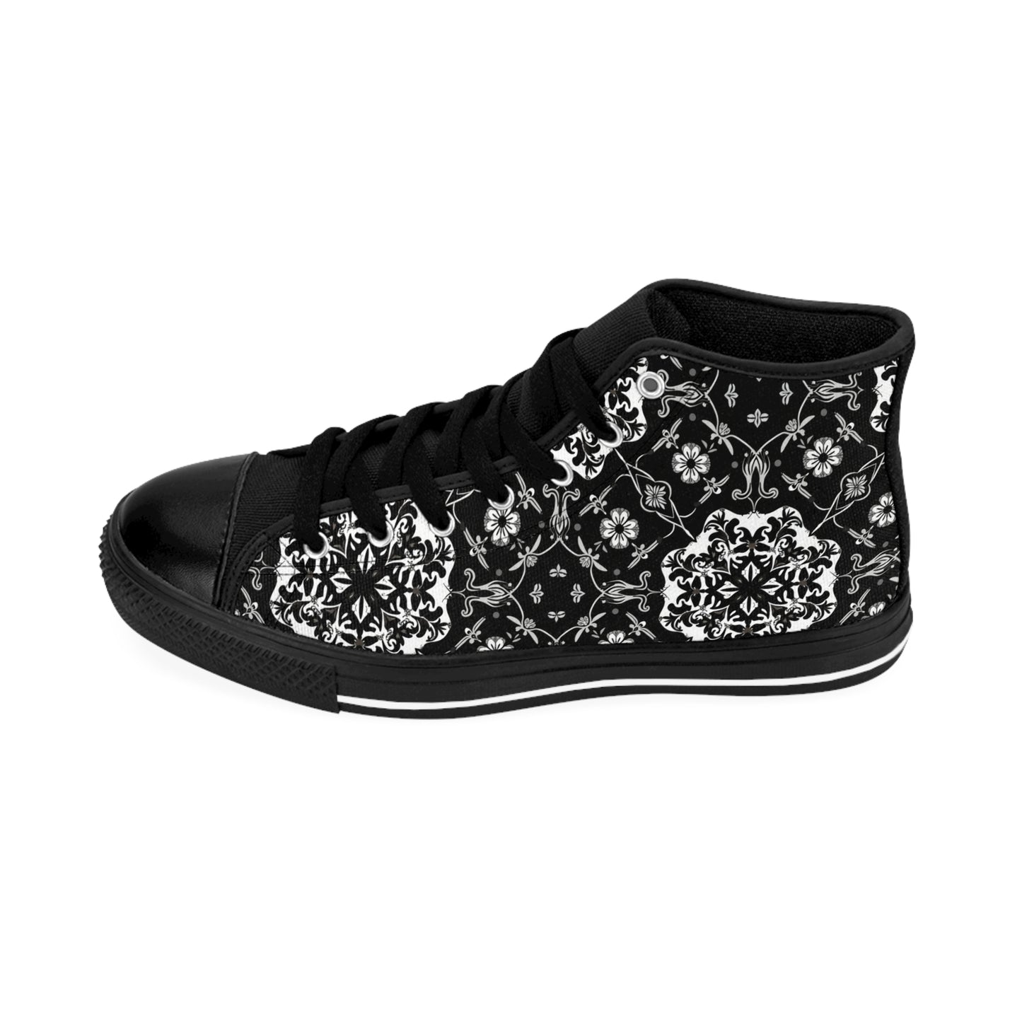 Black and Gray Flower Pattern Women's Classic Sneakers