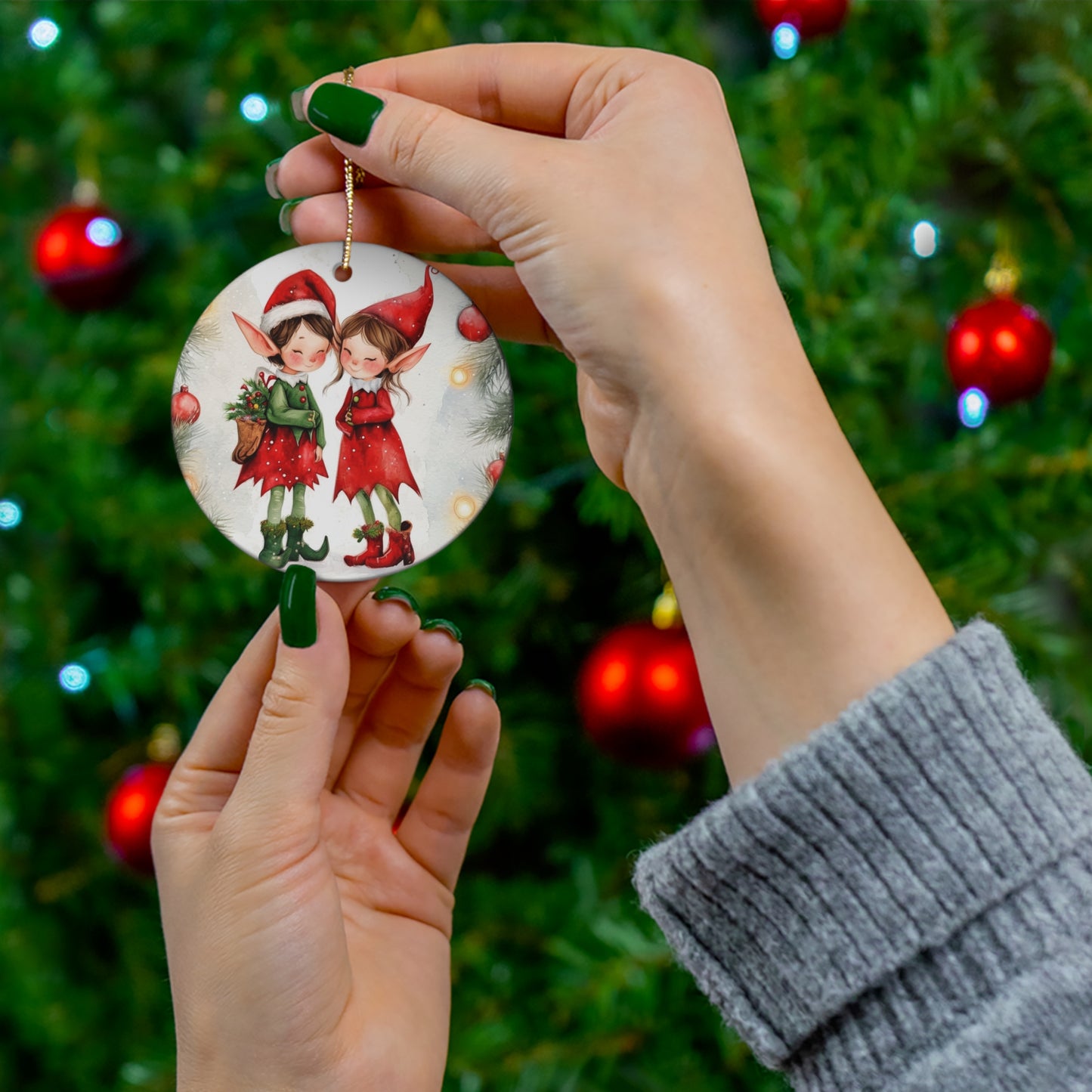 Adorable Holiday Elves Ceramic Ornament, 4 Shapes