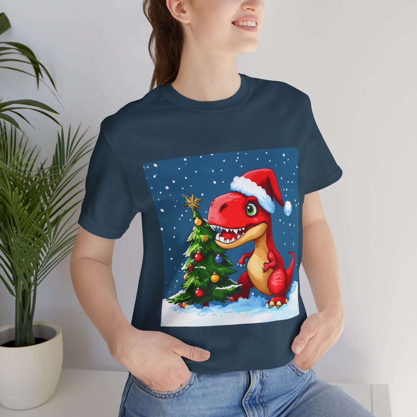 Red T-Rex Christmas Unisex Jersey Short Sleeve Tee