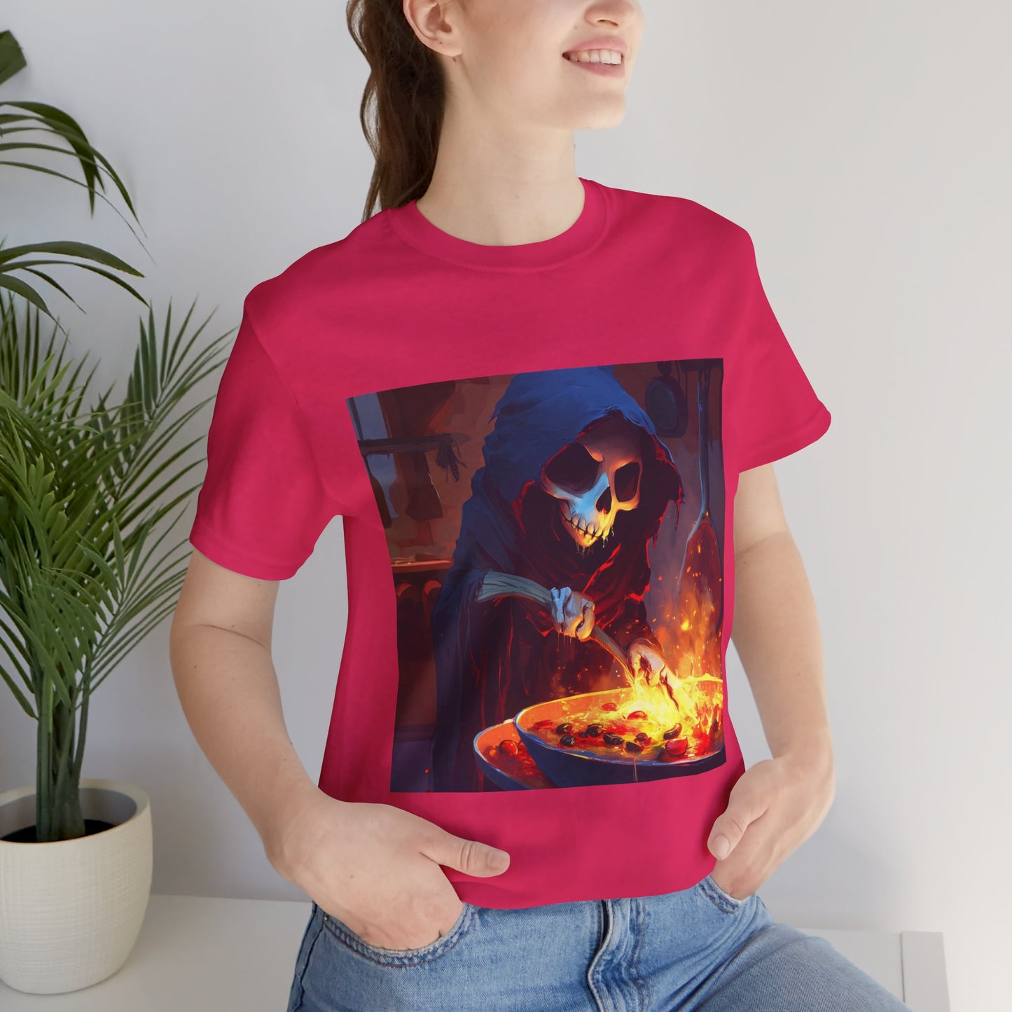 Fiery Grim Reaper Cooking Unisex Jersey Short Sleeve Tee