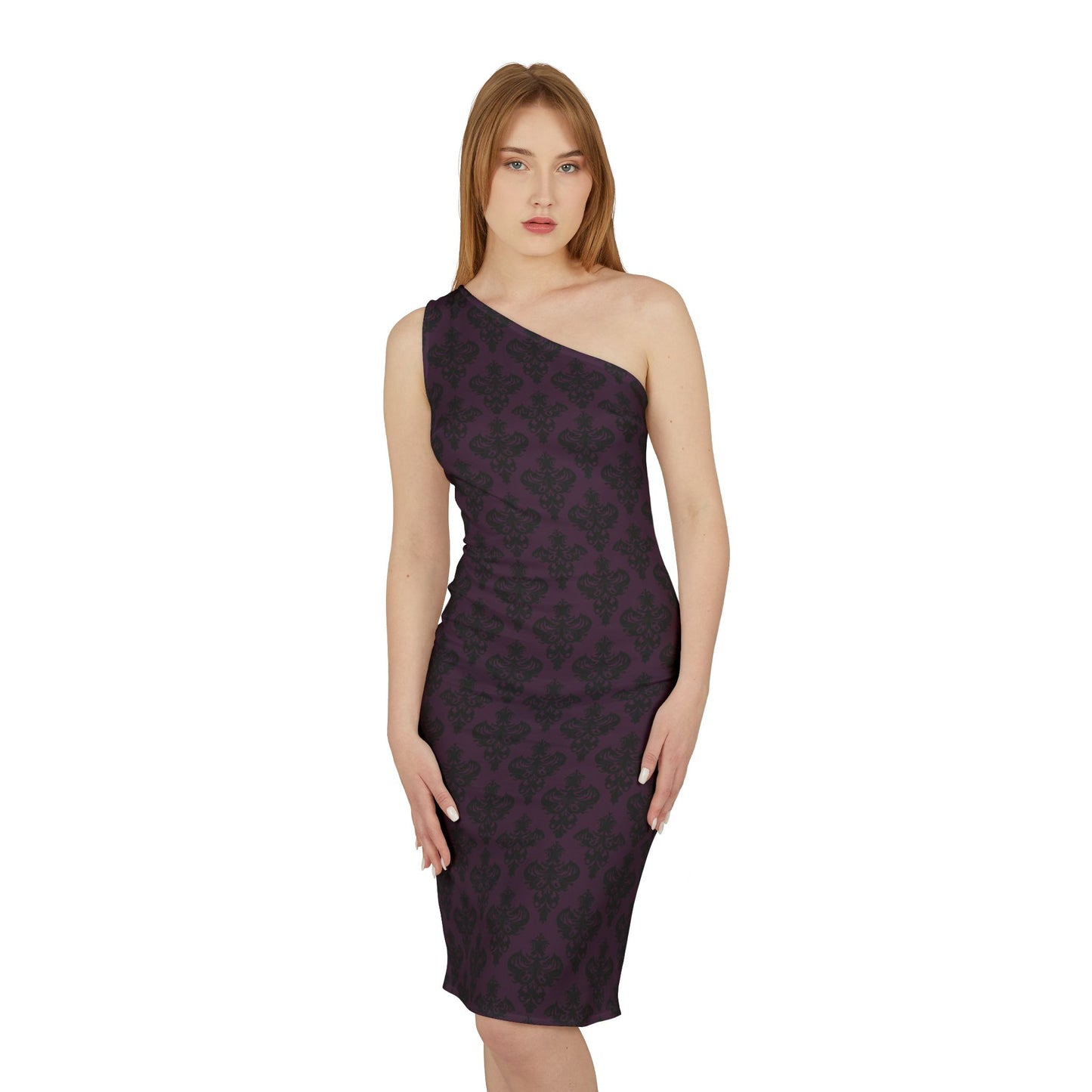 Dark Purple Damask Pattern Shoulder Dress (AOP)