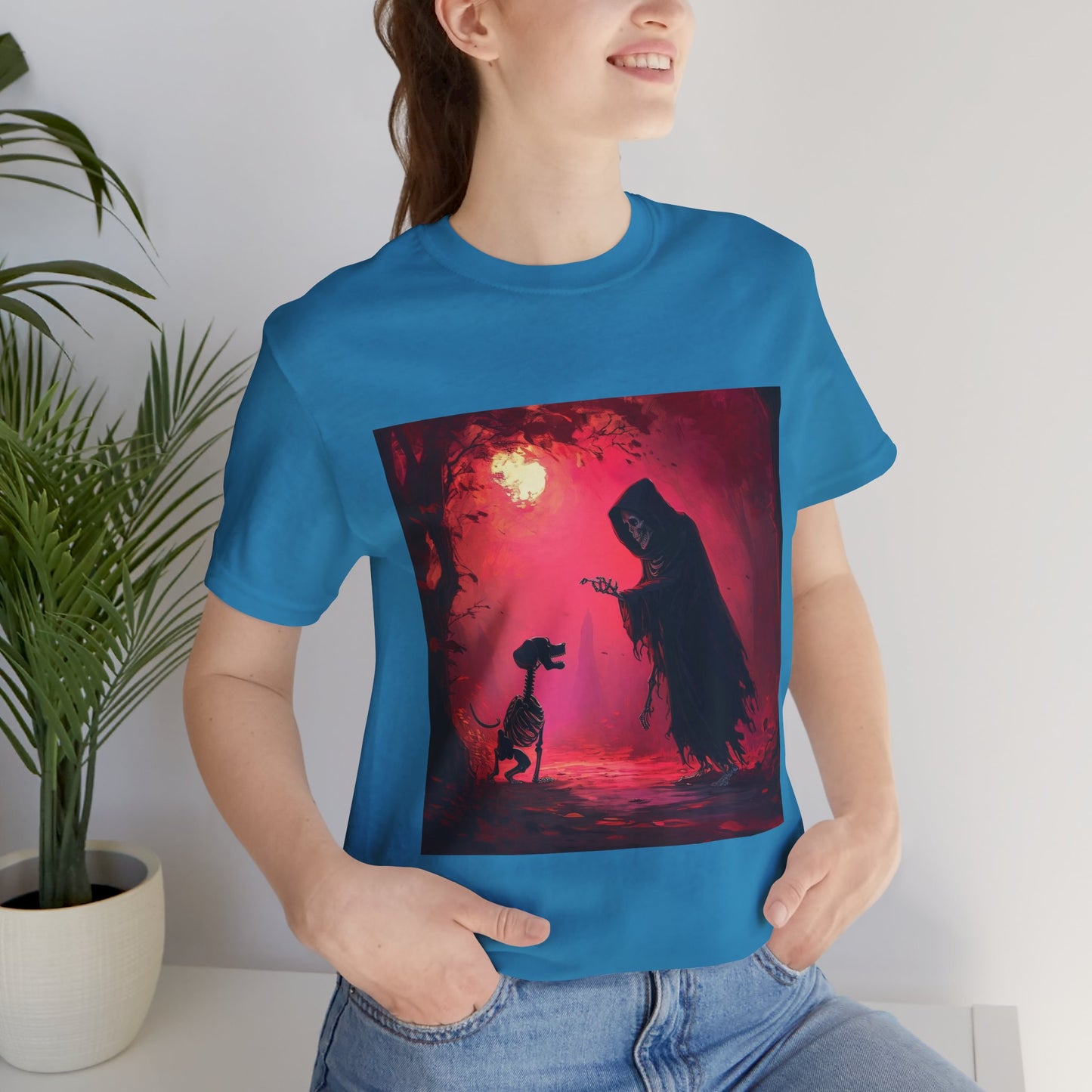 Grim Reaper Walking his DogUnisex Jersey Short Sleeve Tee