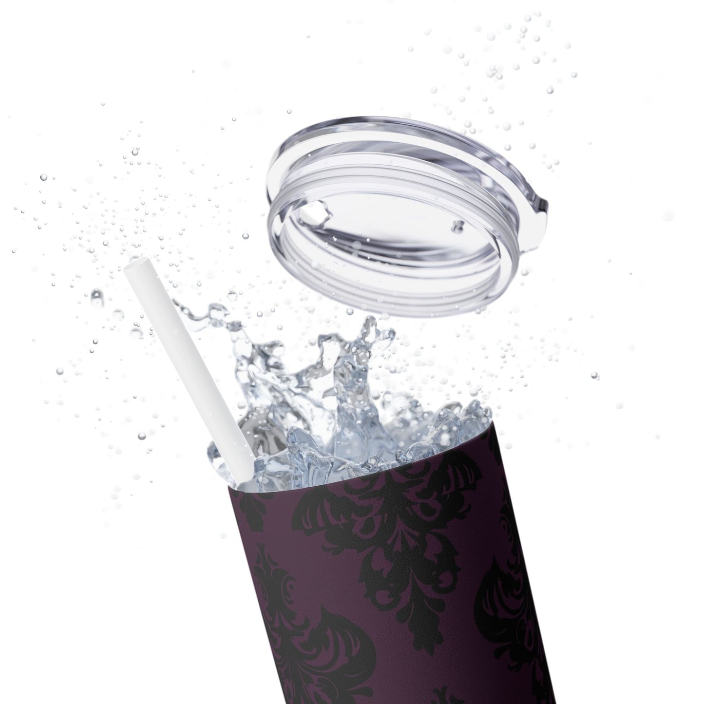 Purple and Black Victorian Damask Skinny Tumbler with Straw, 20oz