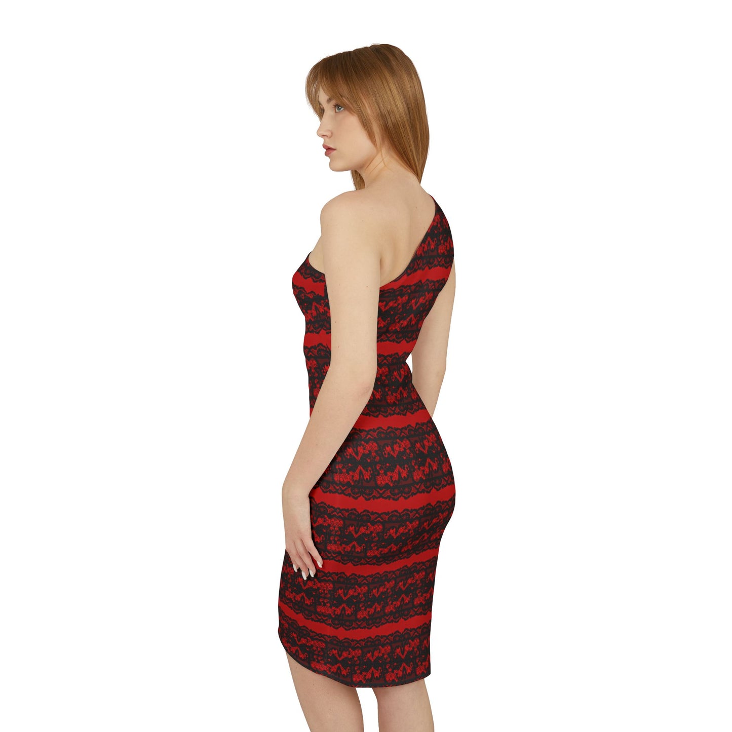 Stripe Lace Pattern Shoulder Dress (AOP)