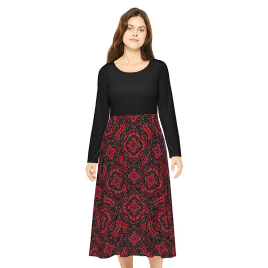 Intricate Red and Black Lace Pattern Women's Long Sleeve Dance Dress (AOP)