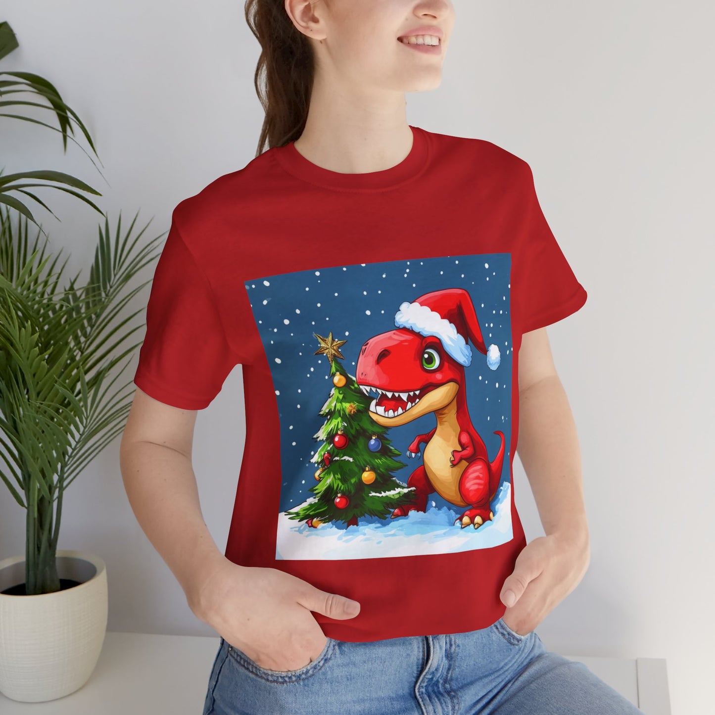 Red T-Rex Christmas Unisex Jersey Short Sleeve Tee