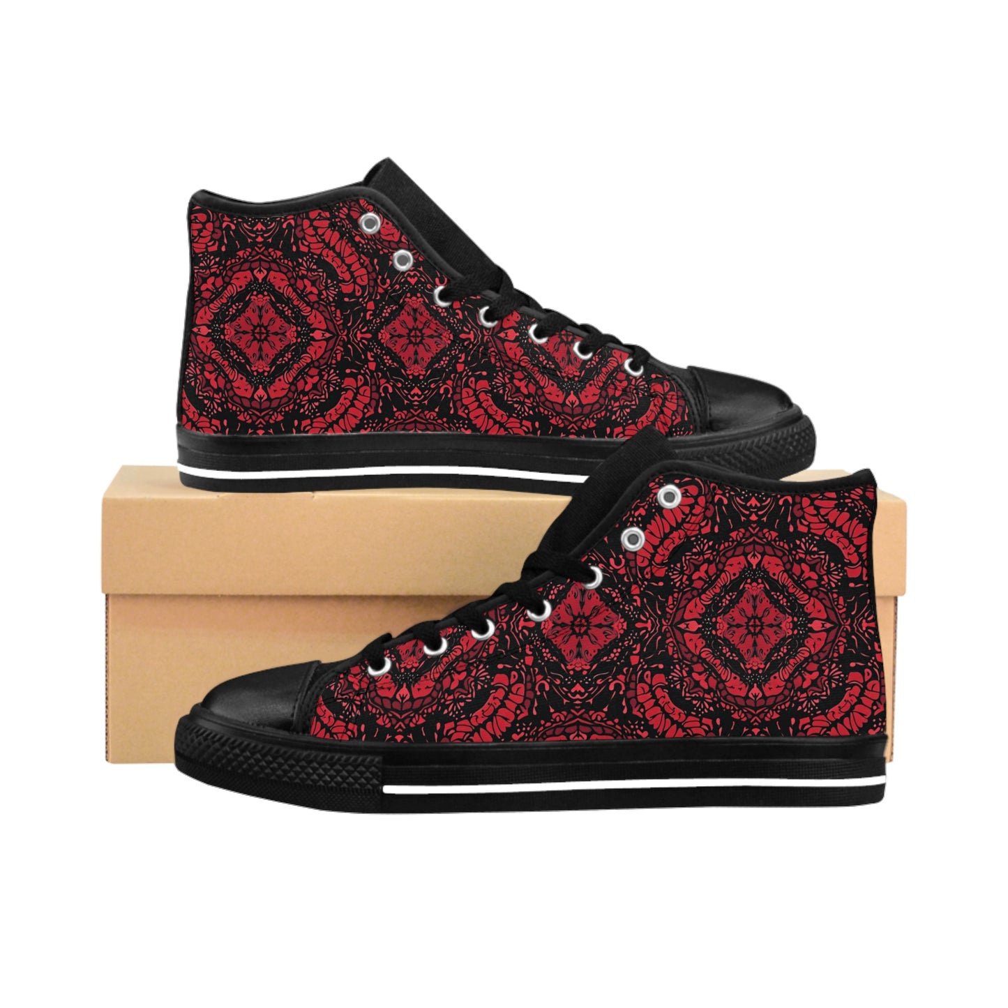 Intricate Red and Black Lace Pattern Women's Classic Sneakers