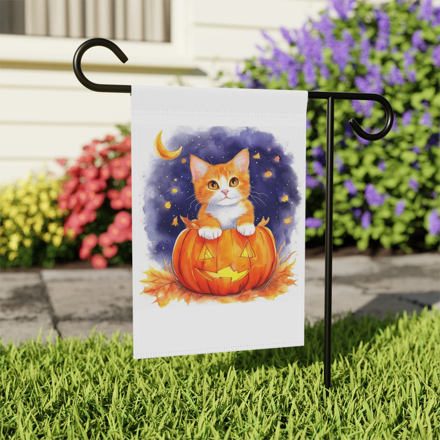 Fuzzy Halloween Pumpkin Cat Garden & House Banner