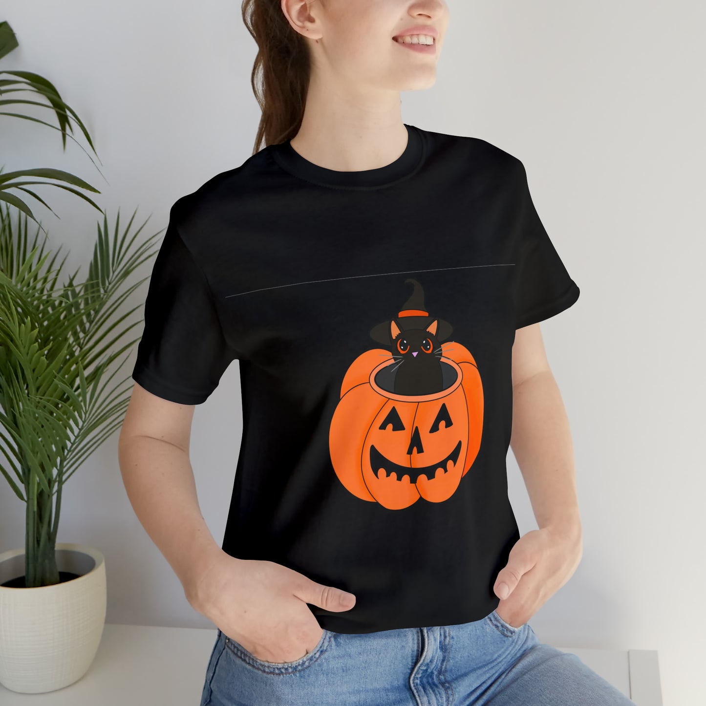 Black Cat in a Jacko lantern Unisex Jersey Short Sleeve Tee