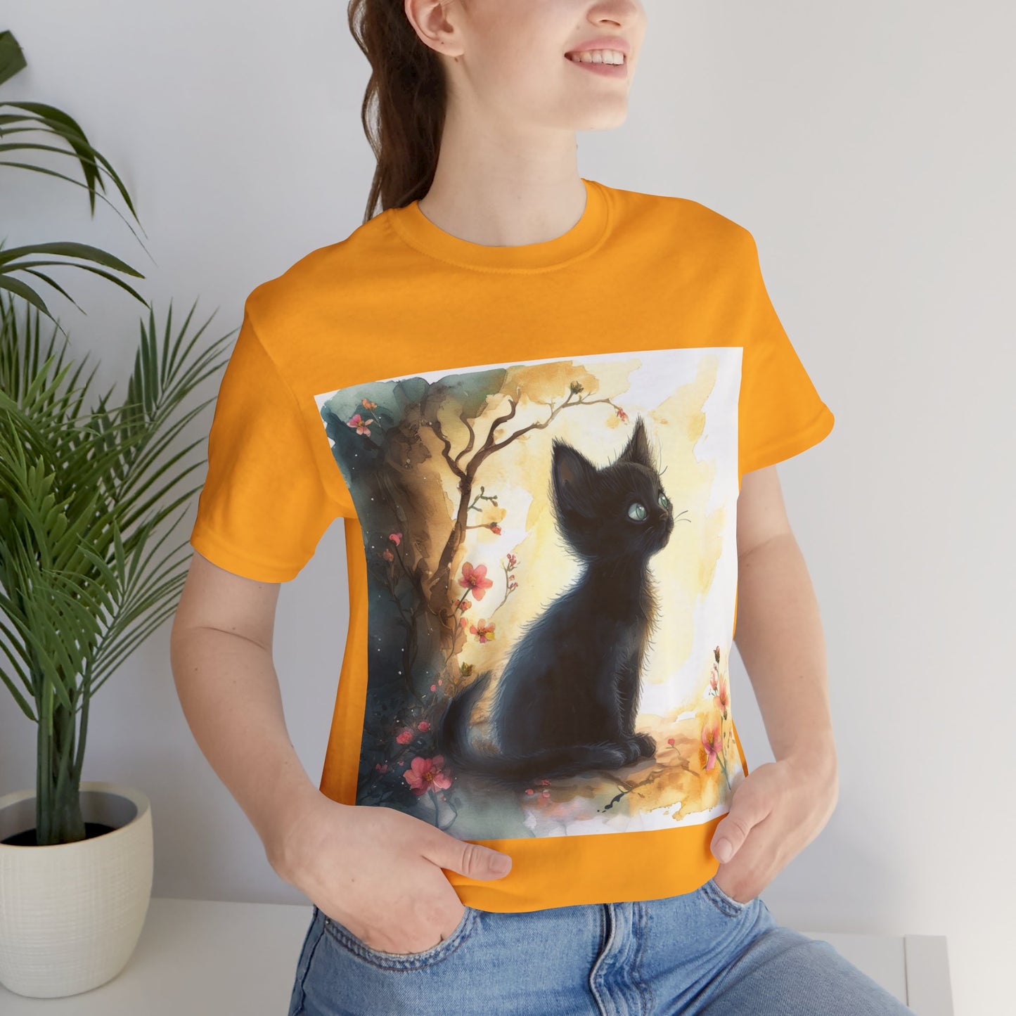 Floral Black Kitten Unisex Jersey Short Sleeve Tee