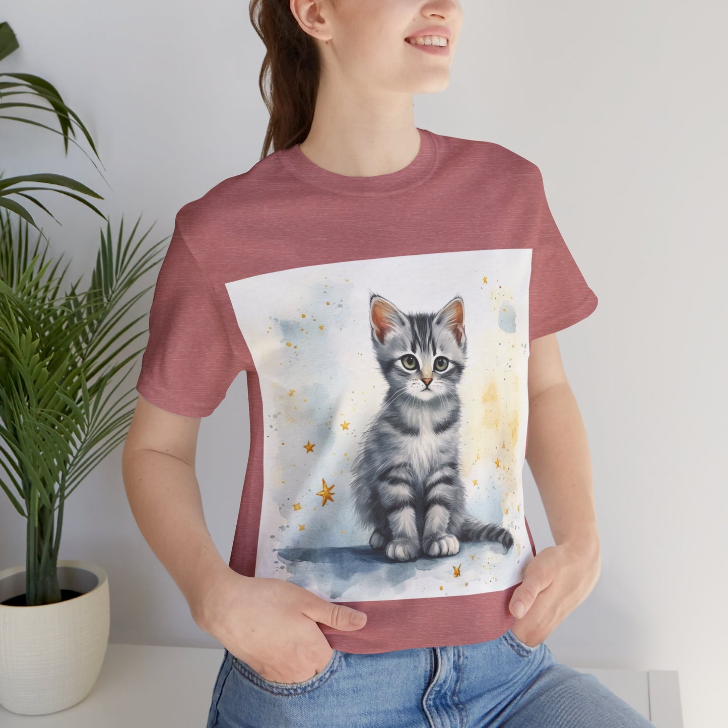 Watercolor Gray Striped Kitten Unisex Jersey Short Sleeve Tee