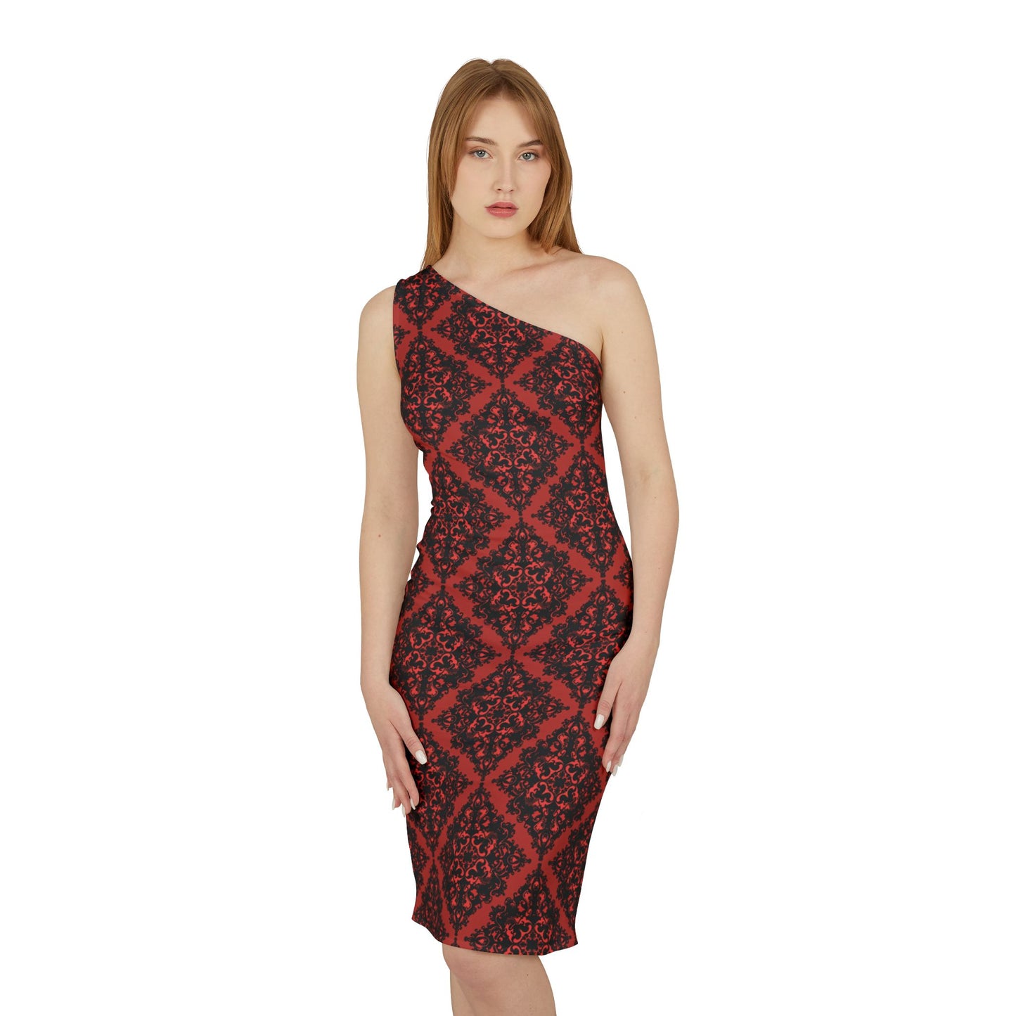 Elegant Red and Black Victorian Pattern Shoulder Dress (AOP)