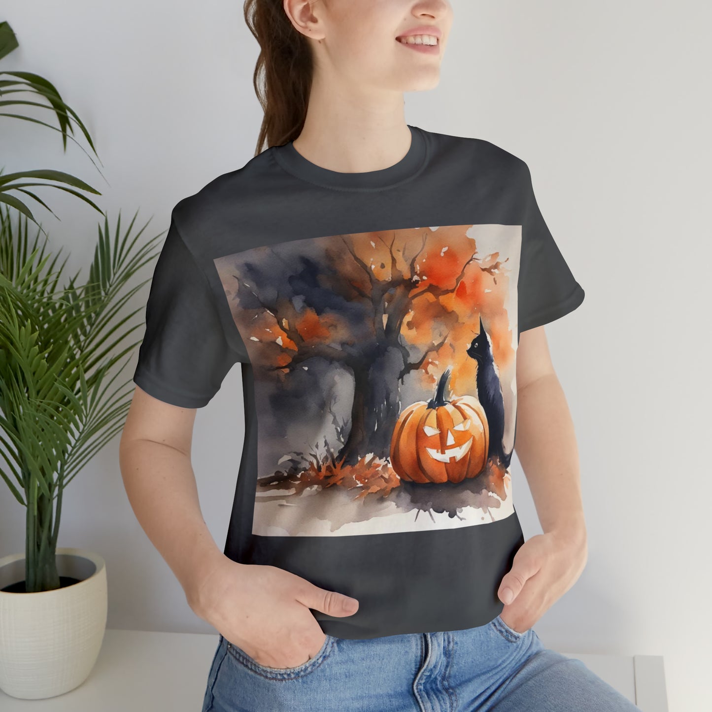 Jacko-lantern Black Cat Halloween Unisex Jersey Short Sleeve Tee