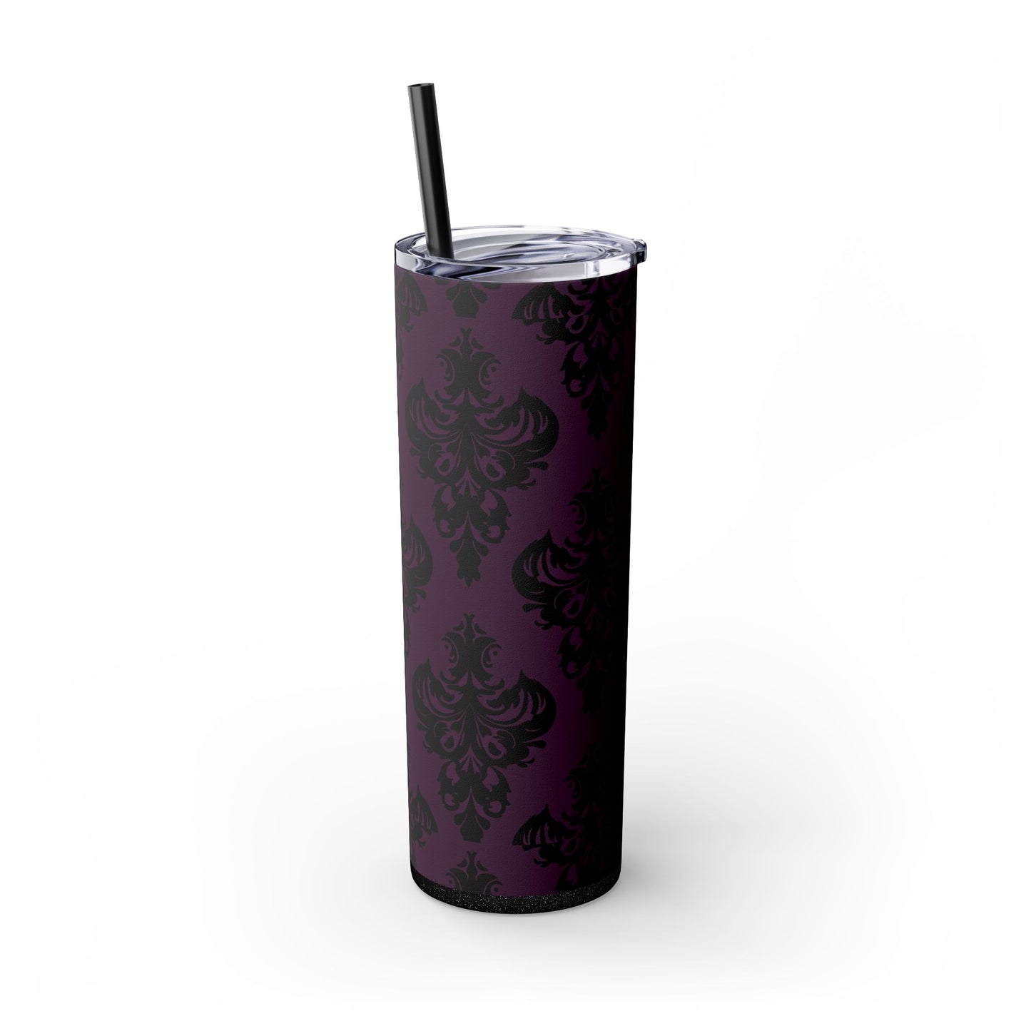 Purple and Black Victorian Damask Skinny Tumbler with Straw, 20oz