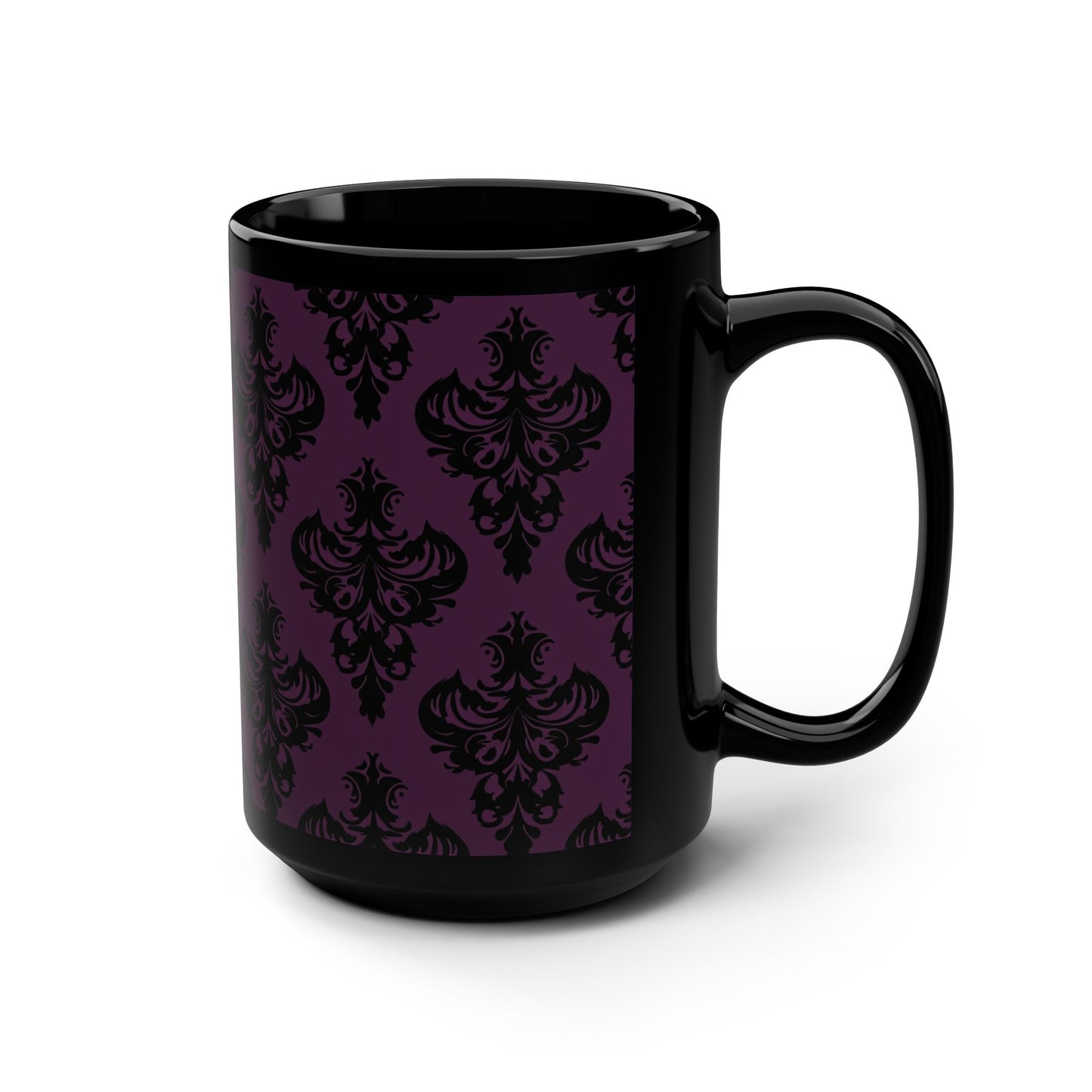 Purple and Black Victorian Damask Pattern Black Mug, 15oz