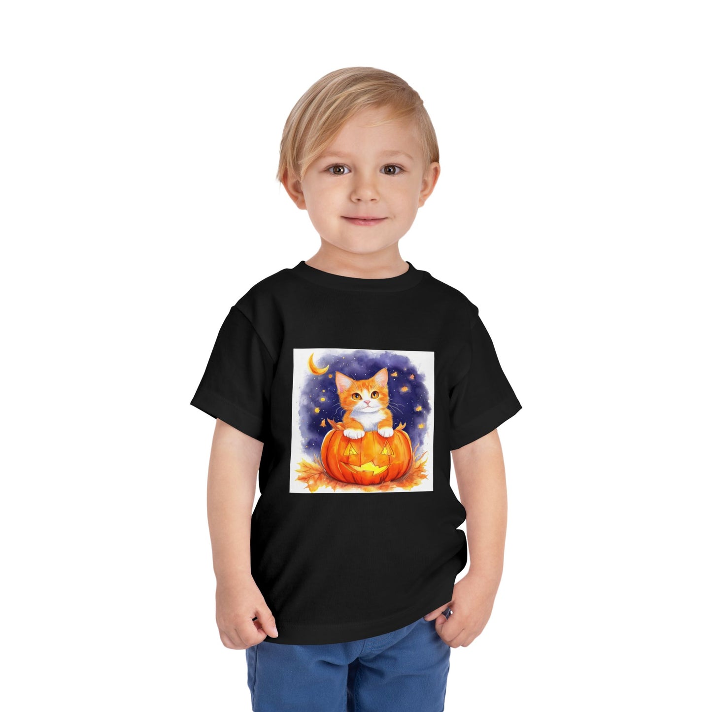 Fuzzy Halloween Pumpkin Cat Toddler Short Sleeve Tee