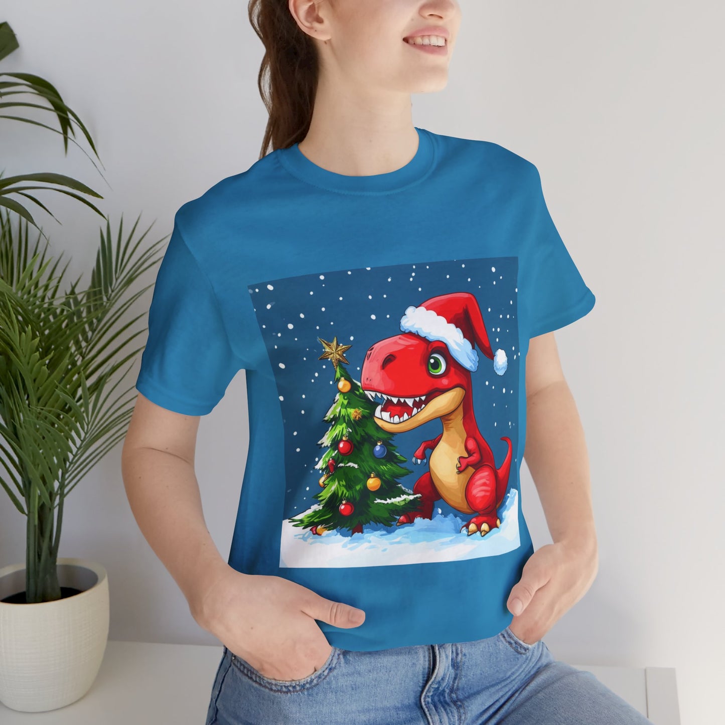 Red T-Rex Christmas Unisex Jersey Short Sleeve Tee