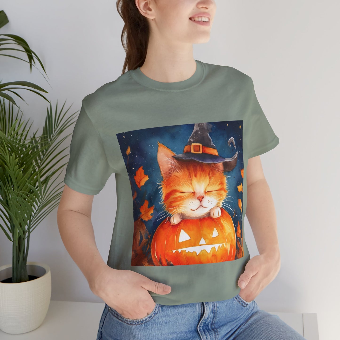 Cute Orange Cat on a pumpkin Unisex Jersey Short Sleeve Tee