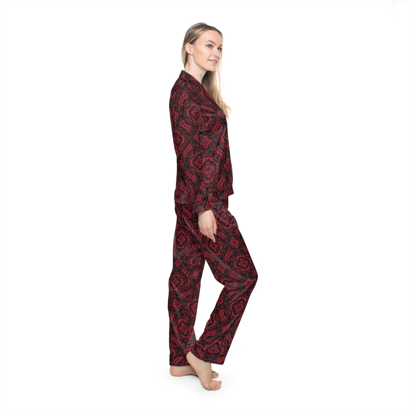 Intricate Red and Black Lace Pattern Women's Satin Pajamas (AOP)