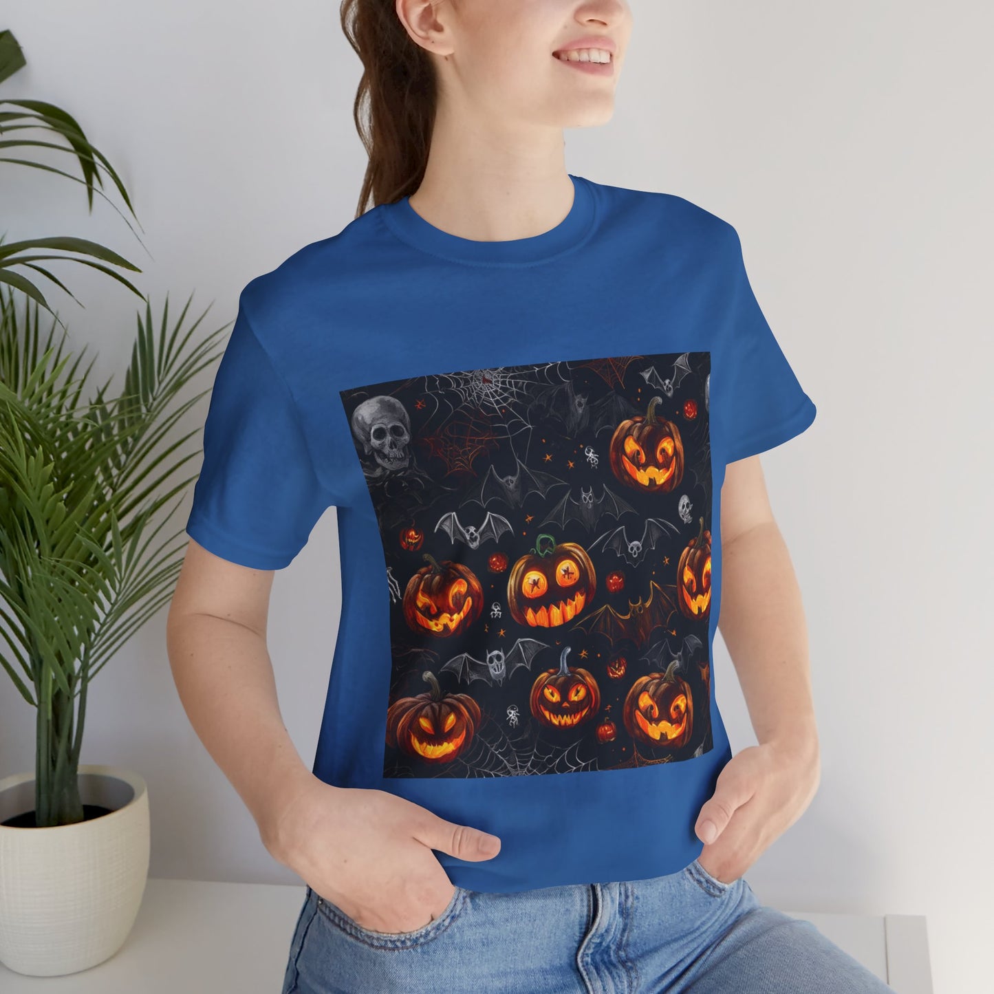 Spooky Pumpkin and Bats Pattern Unisex Jersey Short Sleeve Tee