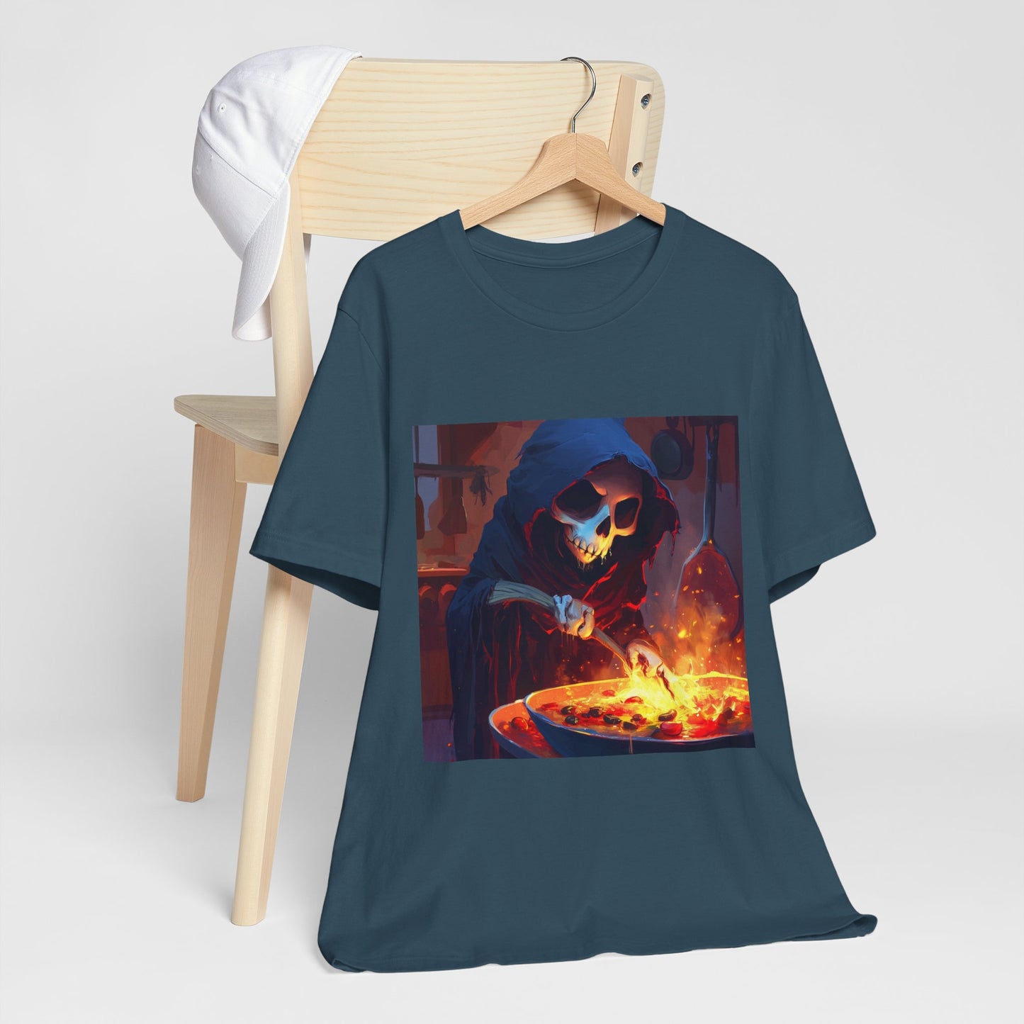 Fiery Grim Reaper Cooking Unisex Jersey Short Sleeve Tee