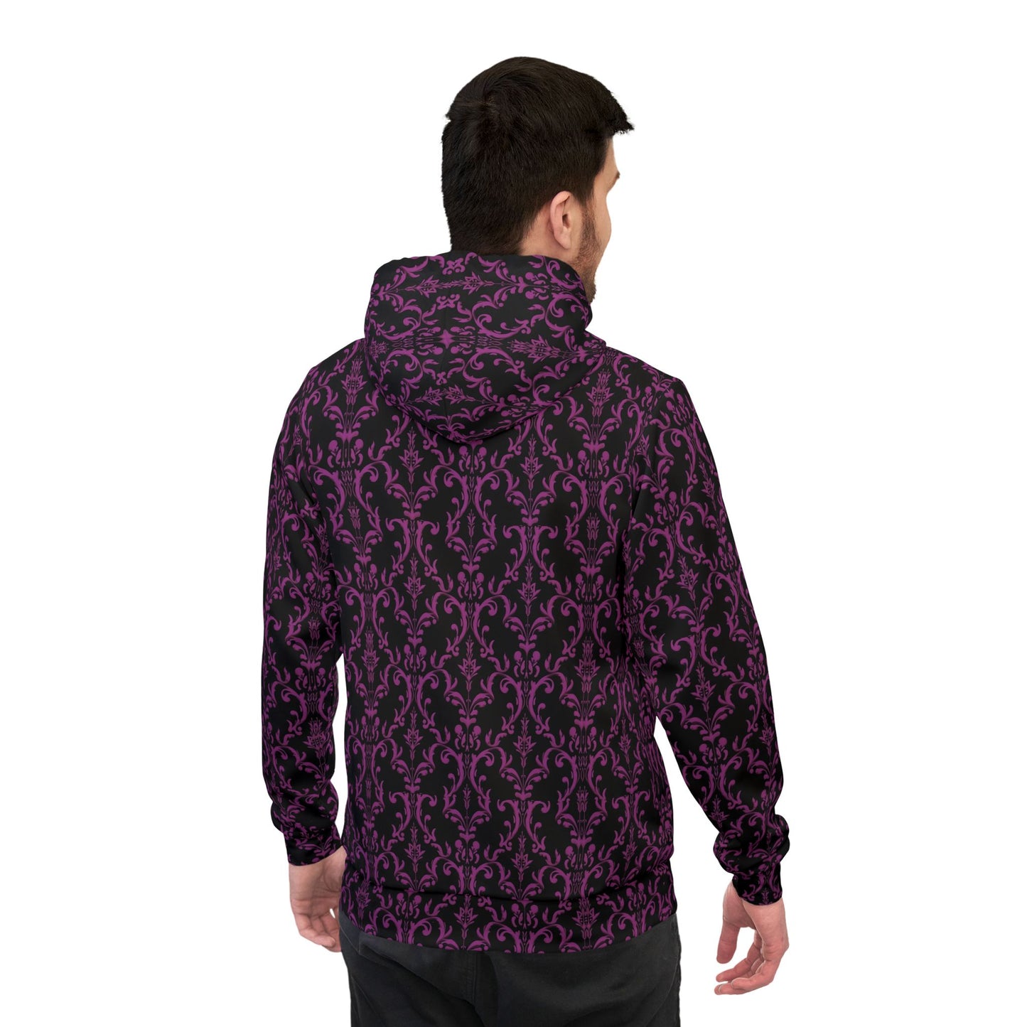 Purple and Black Victorian Gothic Damask Style Pattern Athletic Hoodie (AOP)