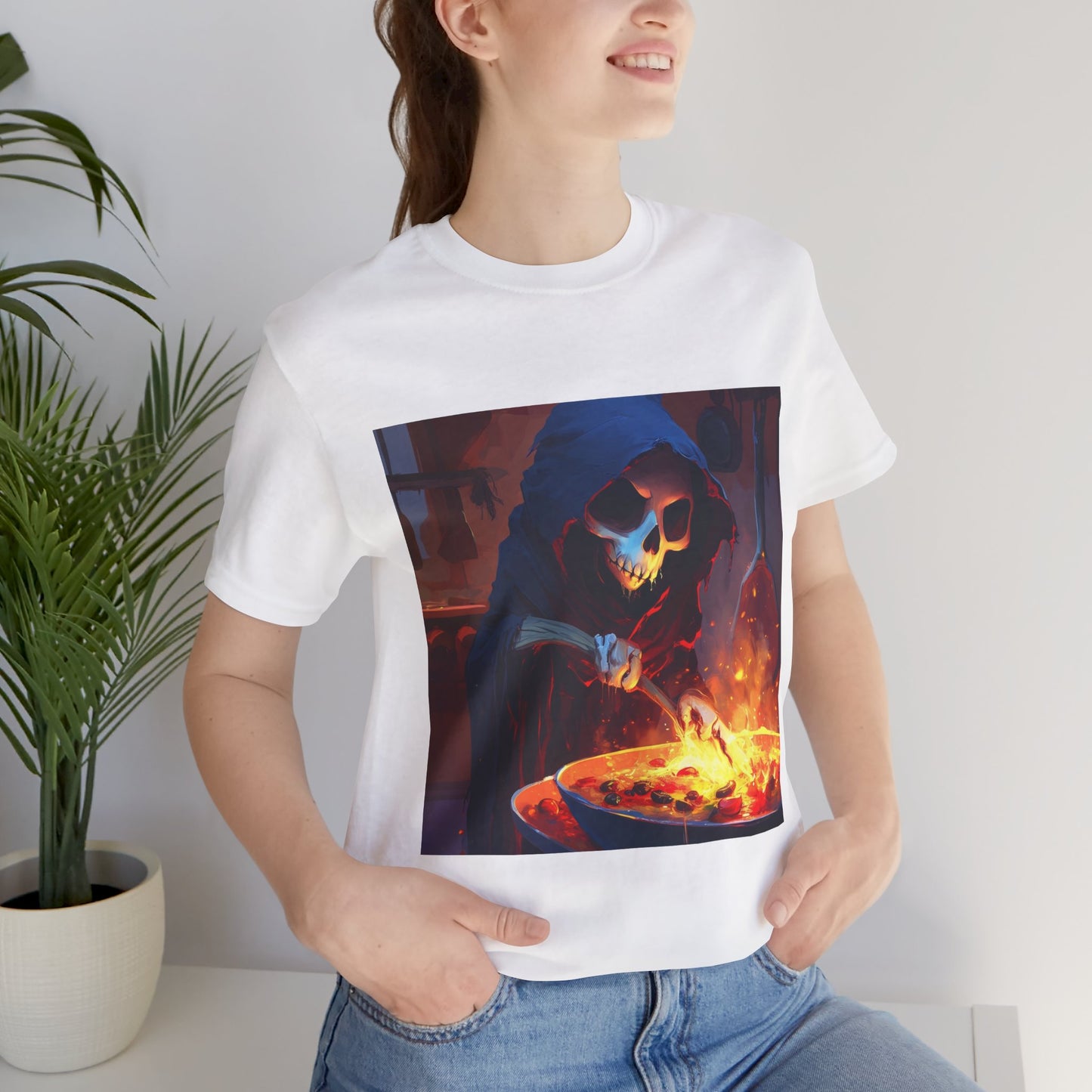 Fiery Grim Reaper Cooking Unisex Jersey Short Sleeve Tee