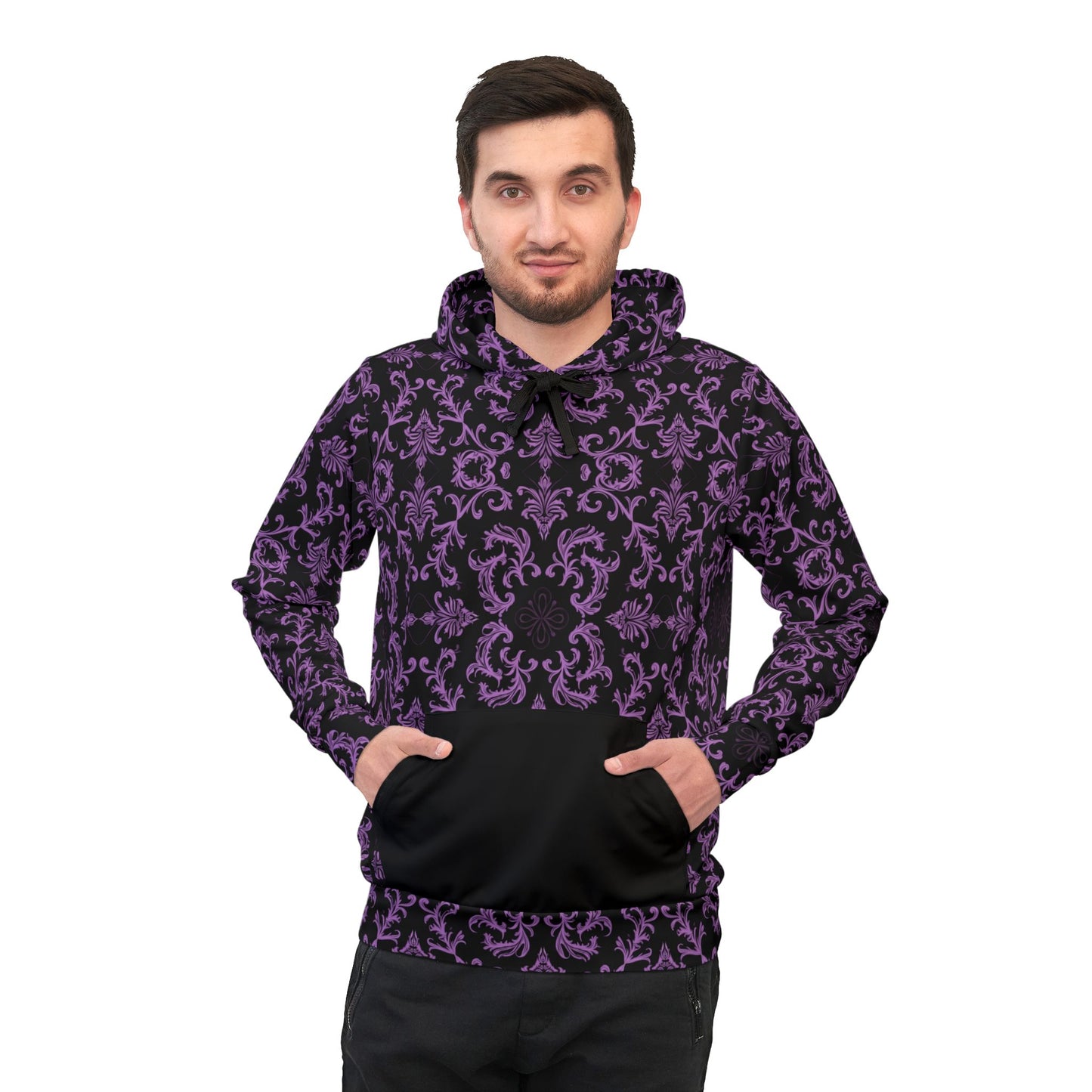 Purple and Black Damask Wallpaper Style Pattern Athletic Hoodie (AOP)