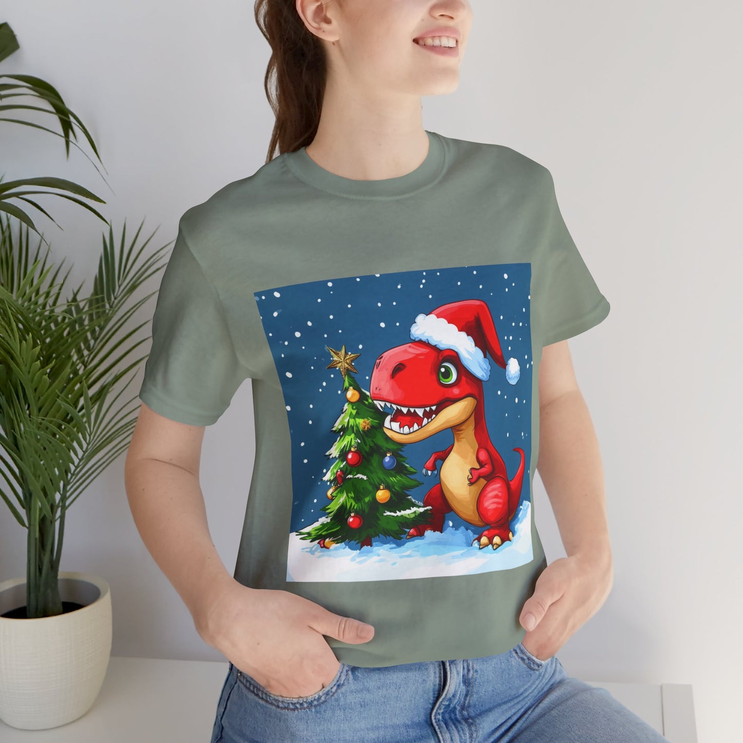 Red T-Rex Christmas Unisex Jersey Short Sleeve Tee