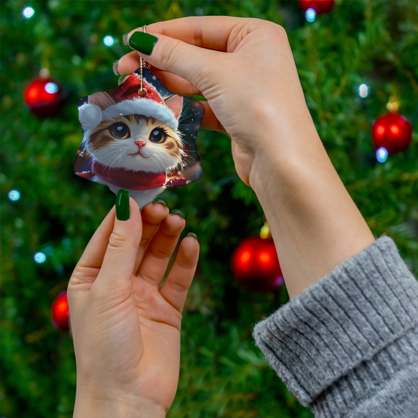 Festive Cat Holiday Ceramic Ornament, 4 Shapes