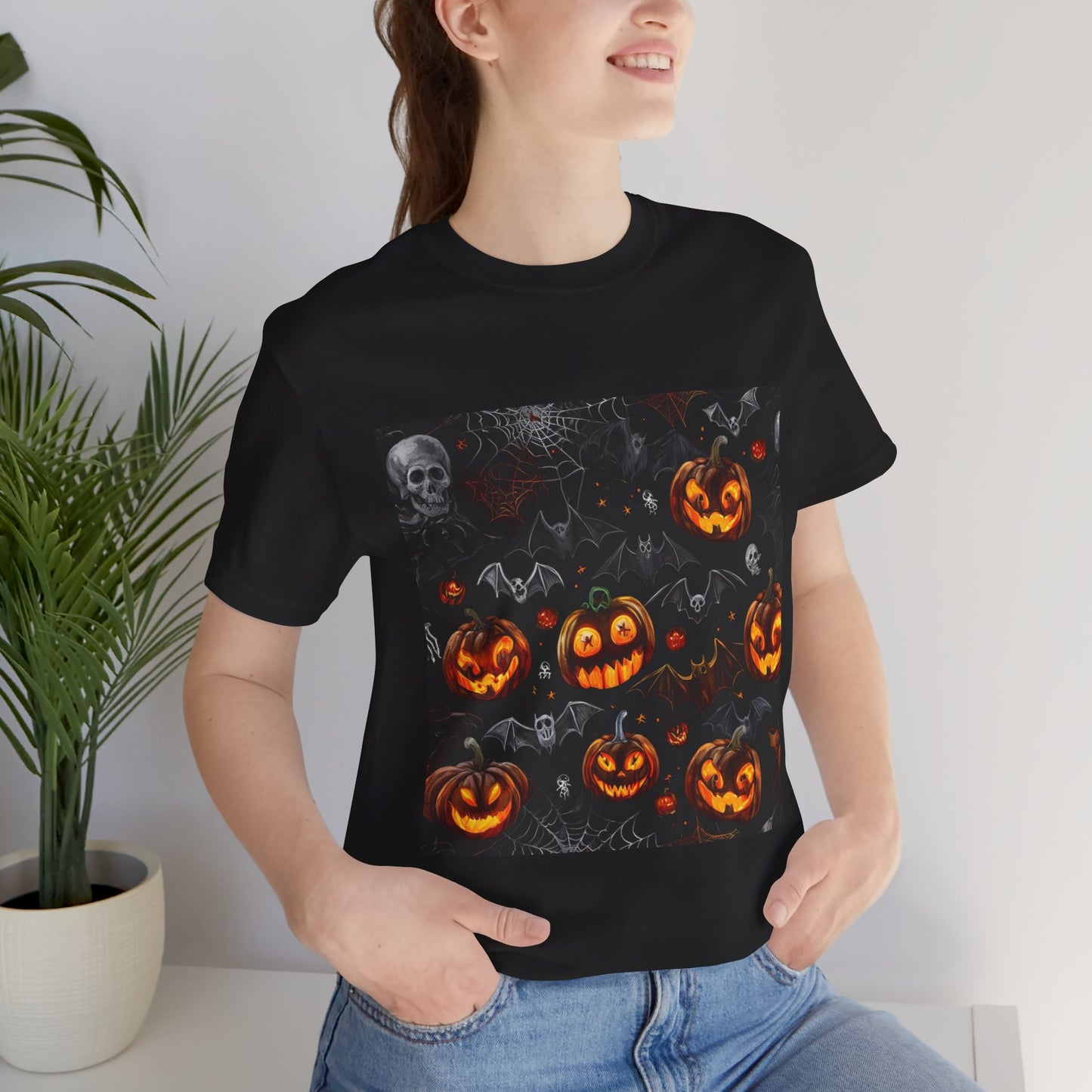 Spooky Pumpkin and Bats Pattern Unisex Jersey Short Sleeve Tee