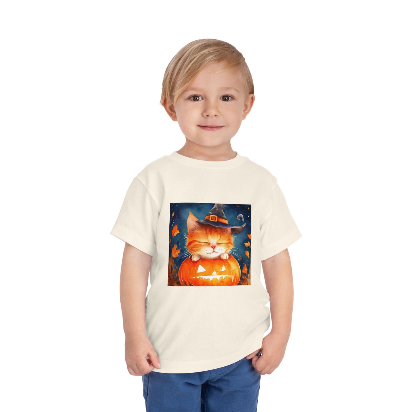 Cute Orange Cat on a Pumpkin Toddler Short Sleeve Tee