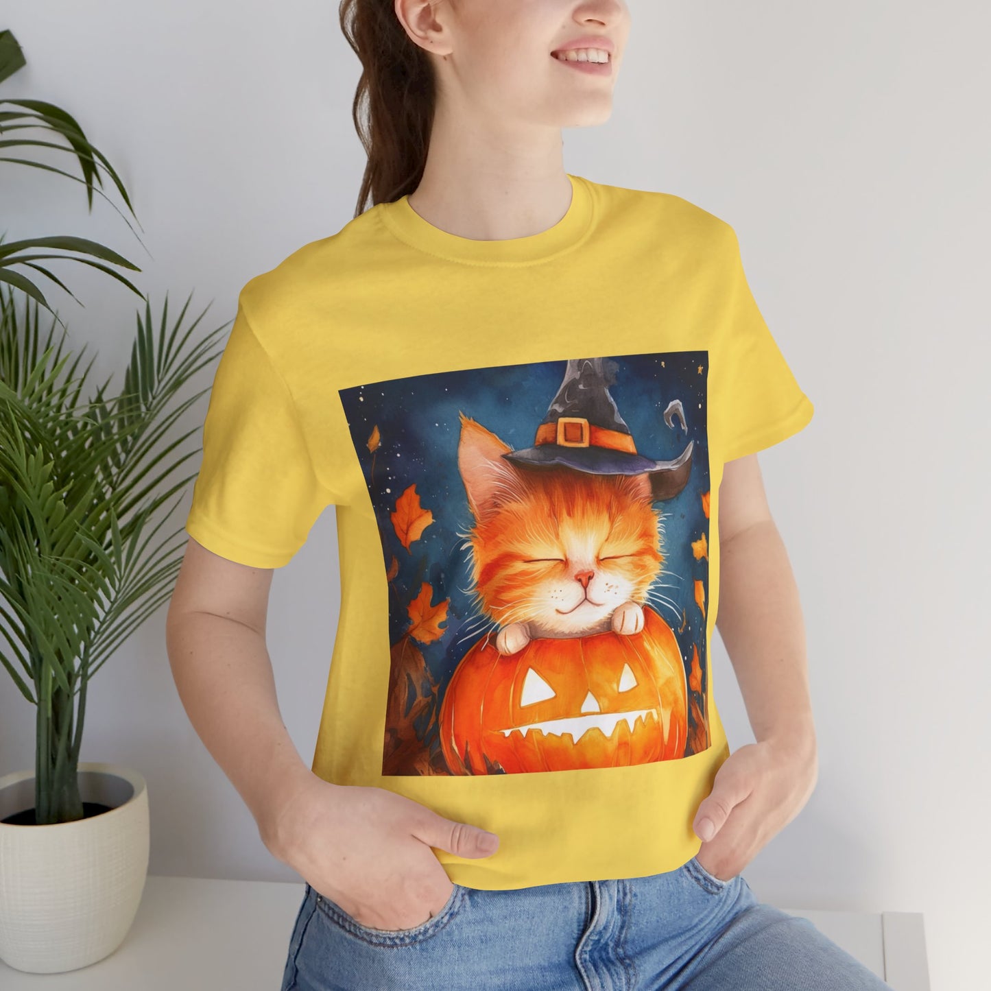 Cute Orange Cat on a pumpkin Unisex Jersey Short Sleeve Tee