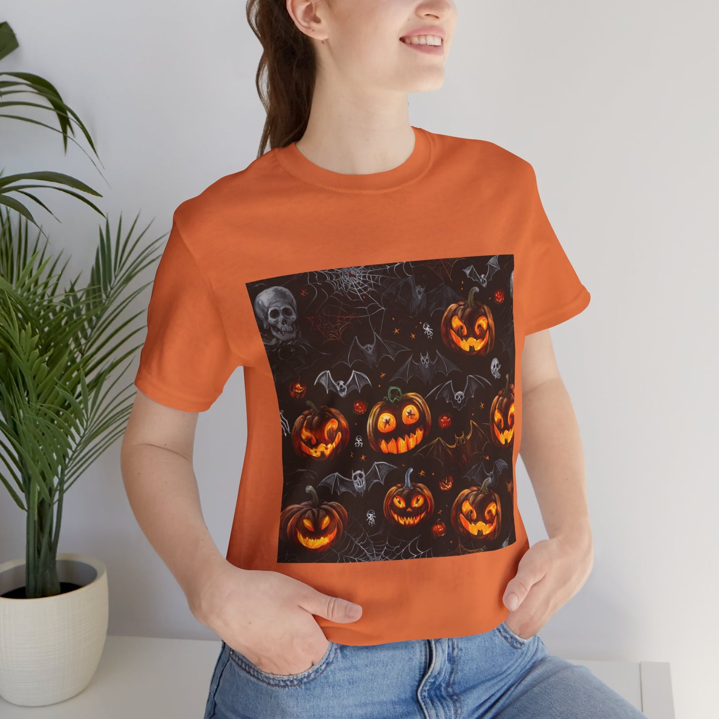 Spooky Pumpkin and Bats Pattern Unisex Jersey Short Sleeve Tee