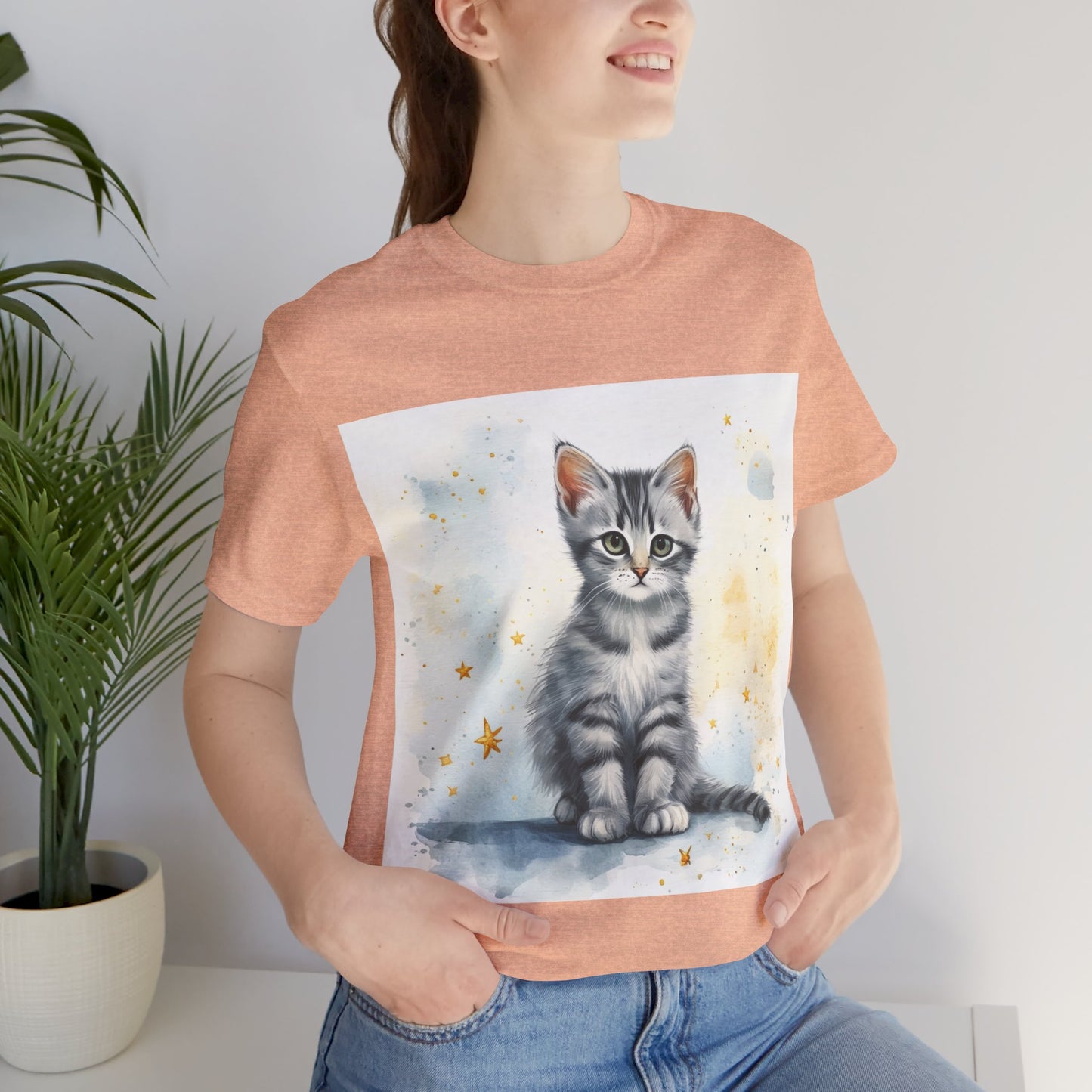 Watercolor Gray Striped Kitten Unisex Jersey Short Sleeve Tee