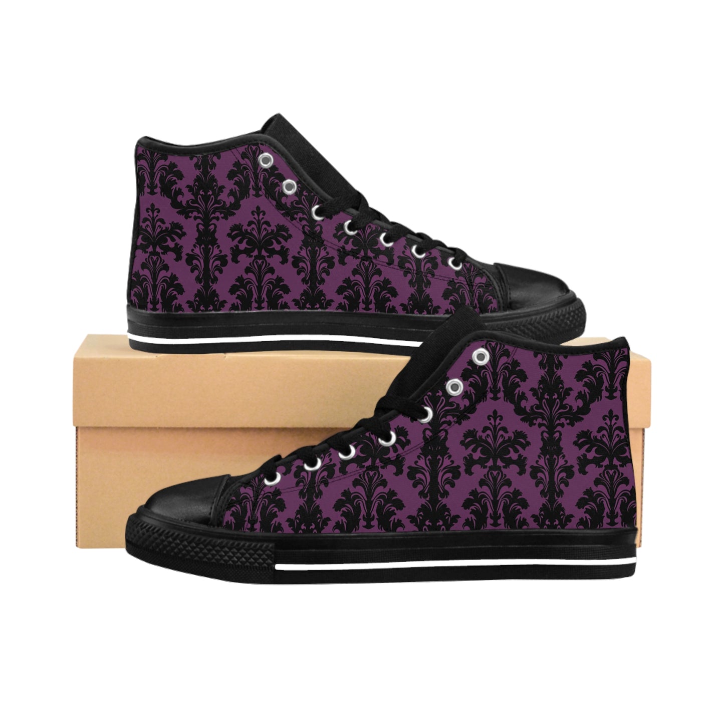 Black and Purple Victorian Gothic Pattern Women's Classic Sneakers