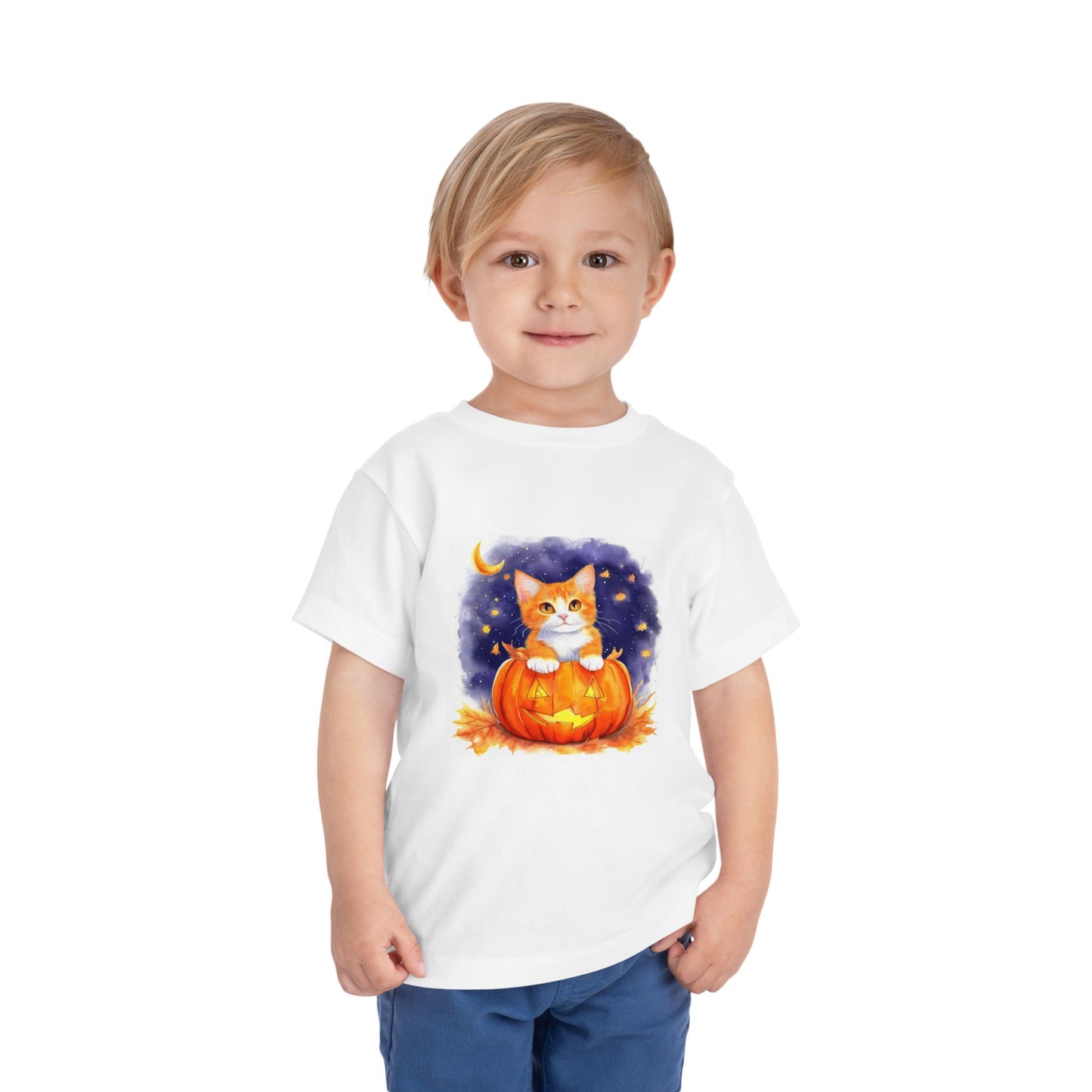 Fuzzy Halloween Pumpkin Cat Toddler Short Sleeve Tee