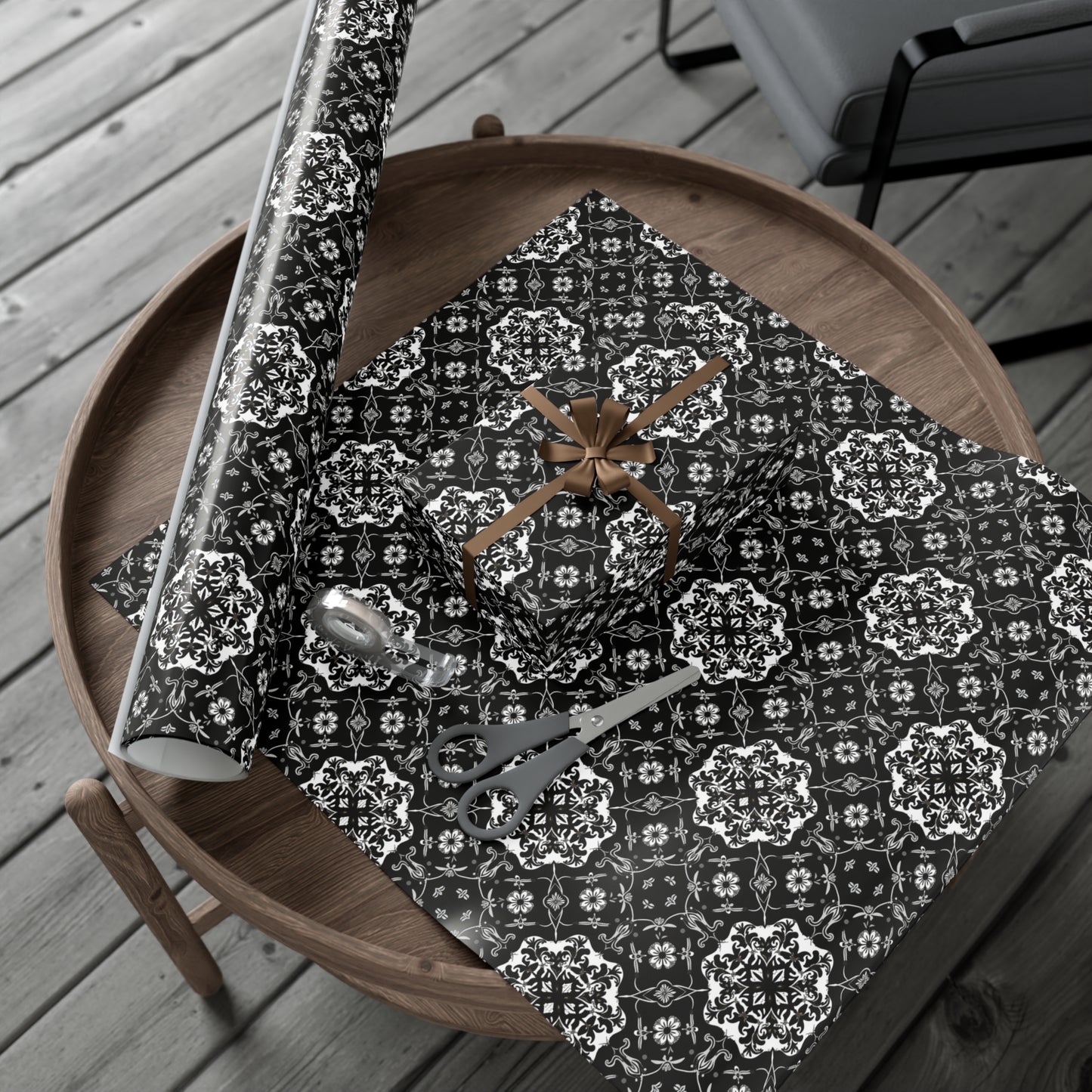 Black and Gray Flower Pattern Gift Wrap Papers